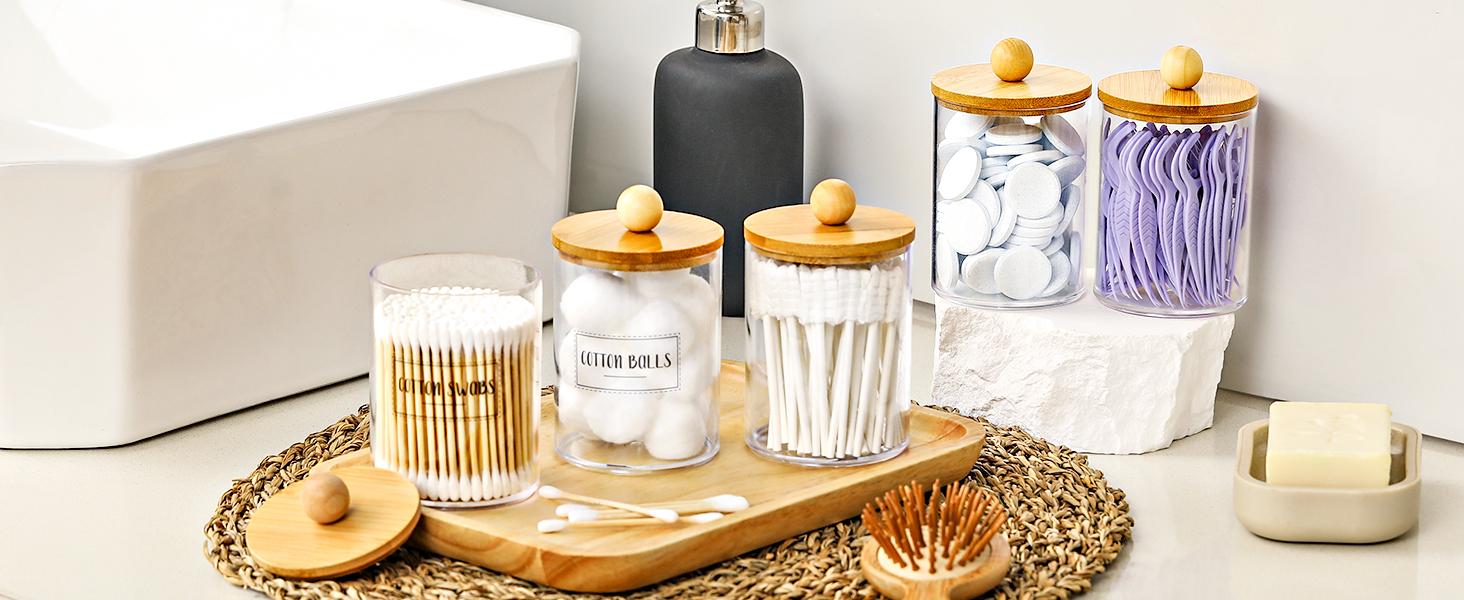 4 Pack Qtip Holder Dispenser with Bamboo Lids - 10 oz Clear Plastic Apothecary Jar Containers for Vanity Makeup Organizer Storage - Bathroom Accessories Set for Cotton Swab, Ball, Pads, Floss