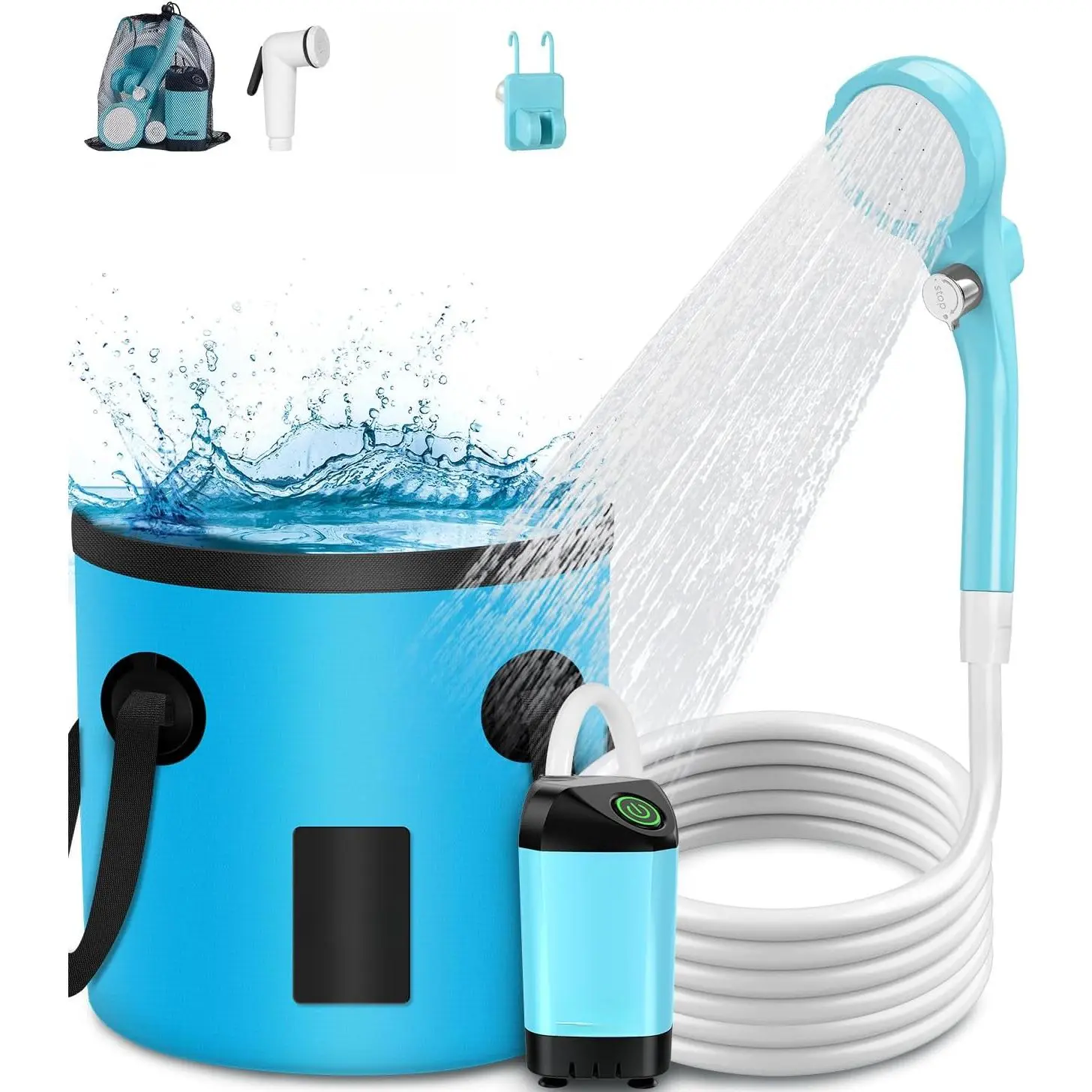 Portable Shower  Camping, Outdoor Electric Shower Rechargeable Pump with 20L Collapsible Bucket, Camping Shower Head Nozzle  Camping, Hiking, Traveling, Washing