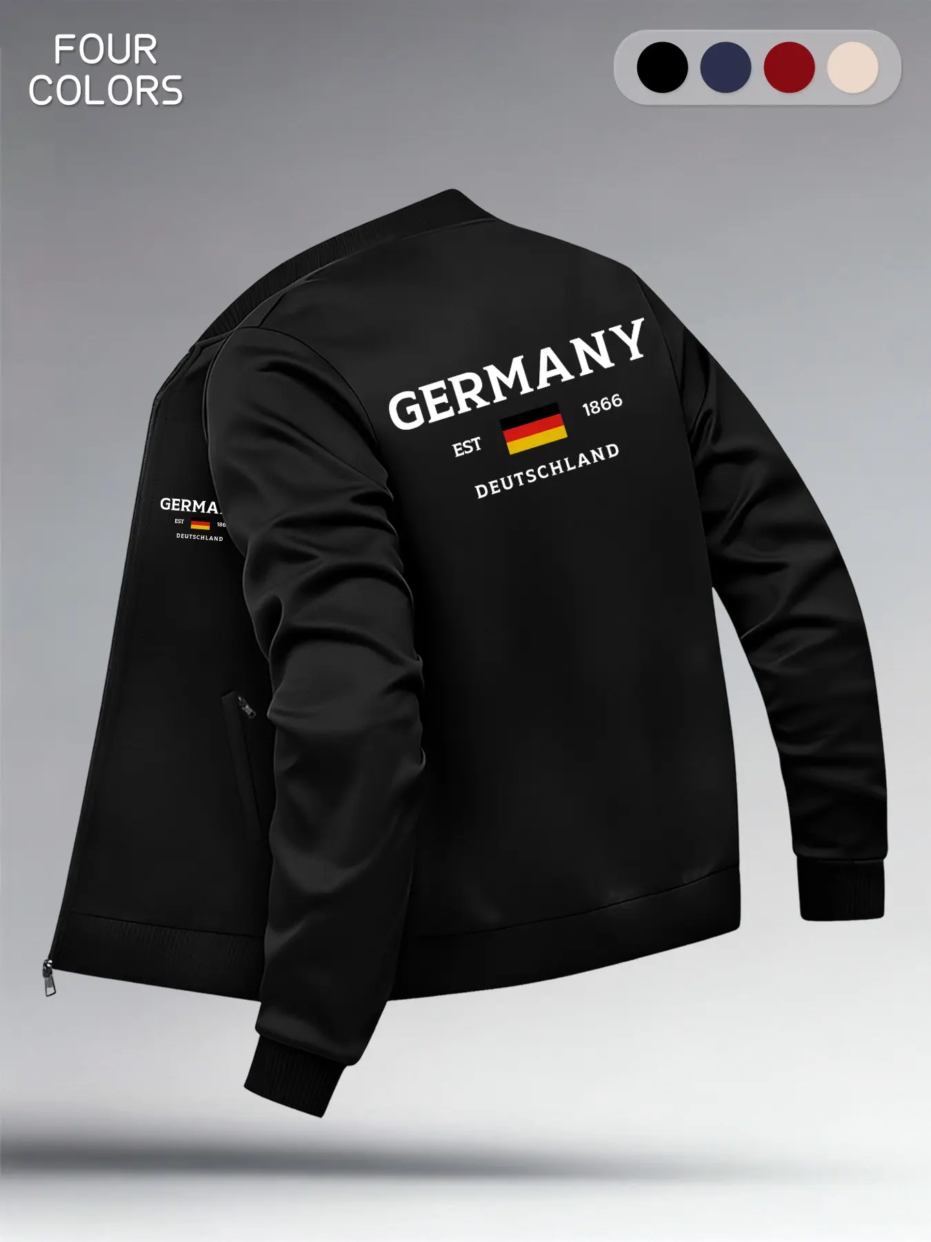 German Flag Print Baseball Neck Long Sleeve Men's Jacket, Zipper Casual Outerwear, Four Colors Available, Spring Fall Winter Wear