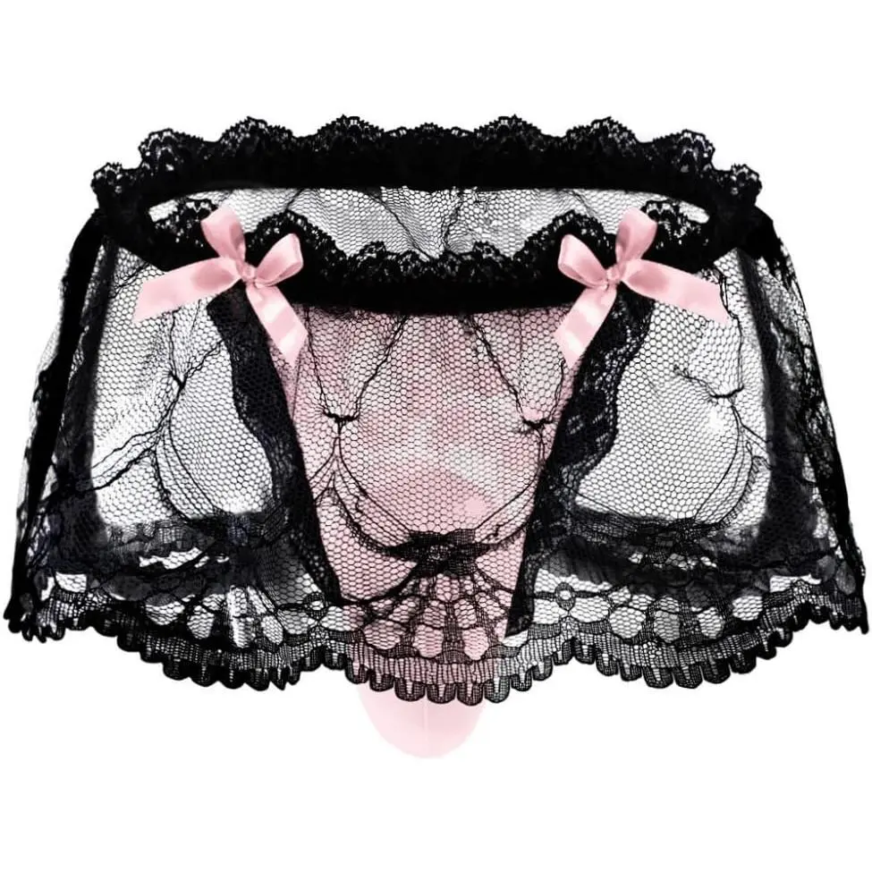 Mens Lace Sexy Underwear, Sissy Pouch Panties Femboy For Men, Low Rise Bow Lingerie Fits 34-42, Sheer Girly