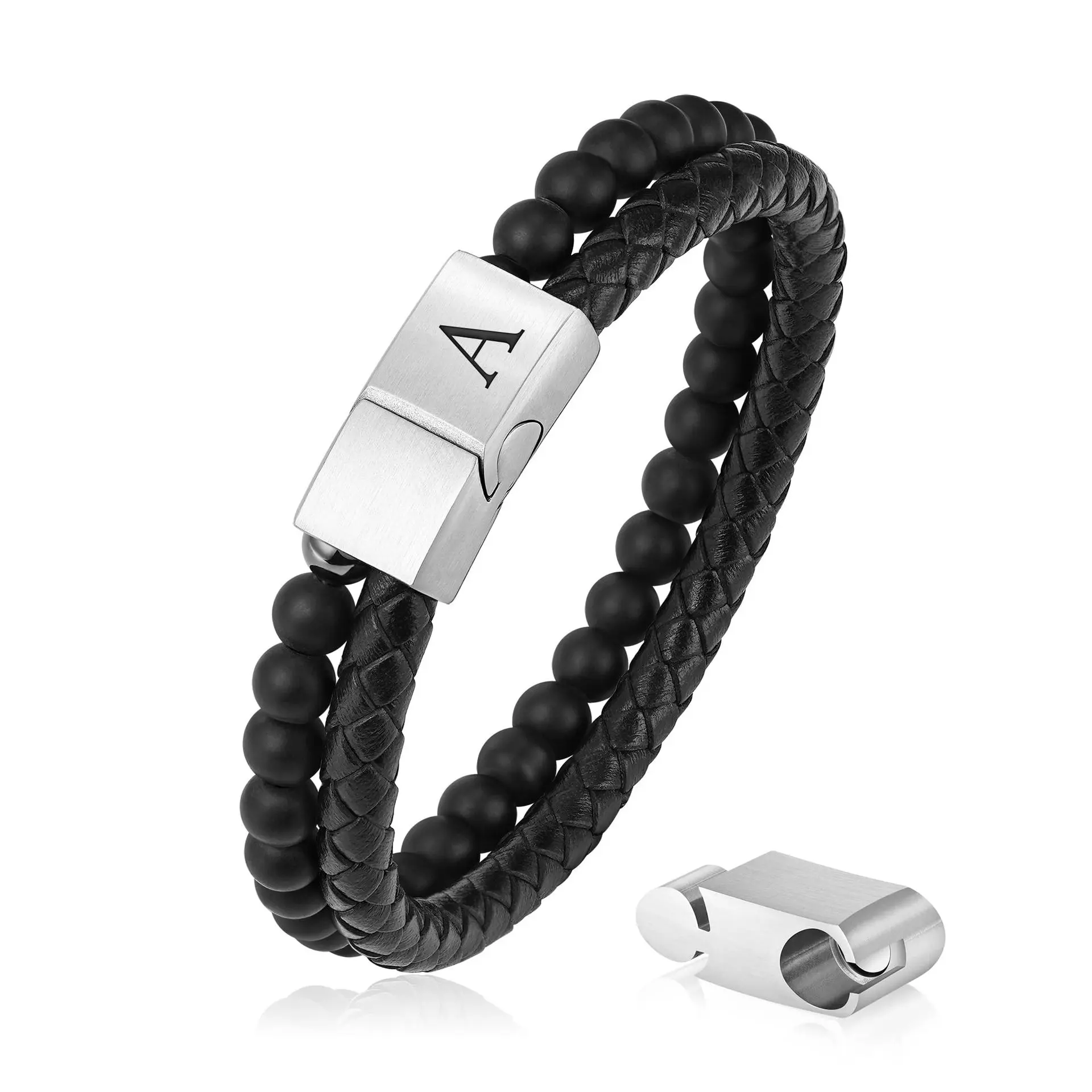 Minimalist Mens Bracelet, Beaded Leather Initial Bracelet Chic Matte Agate Stone Handmade Bracelets Adjustable Stainless Steel Magnetic Clasp Mens Jewelry Holiday Gift