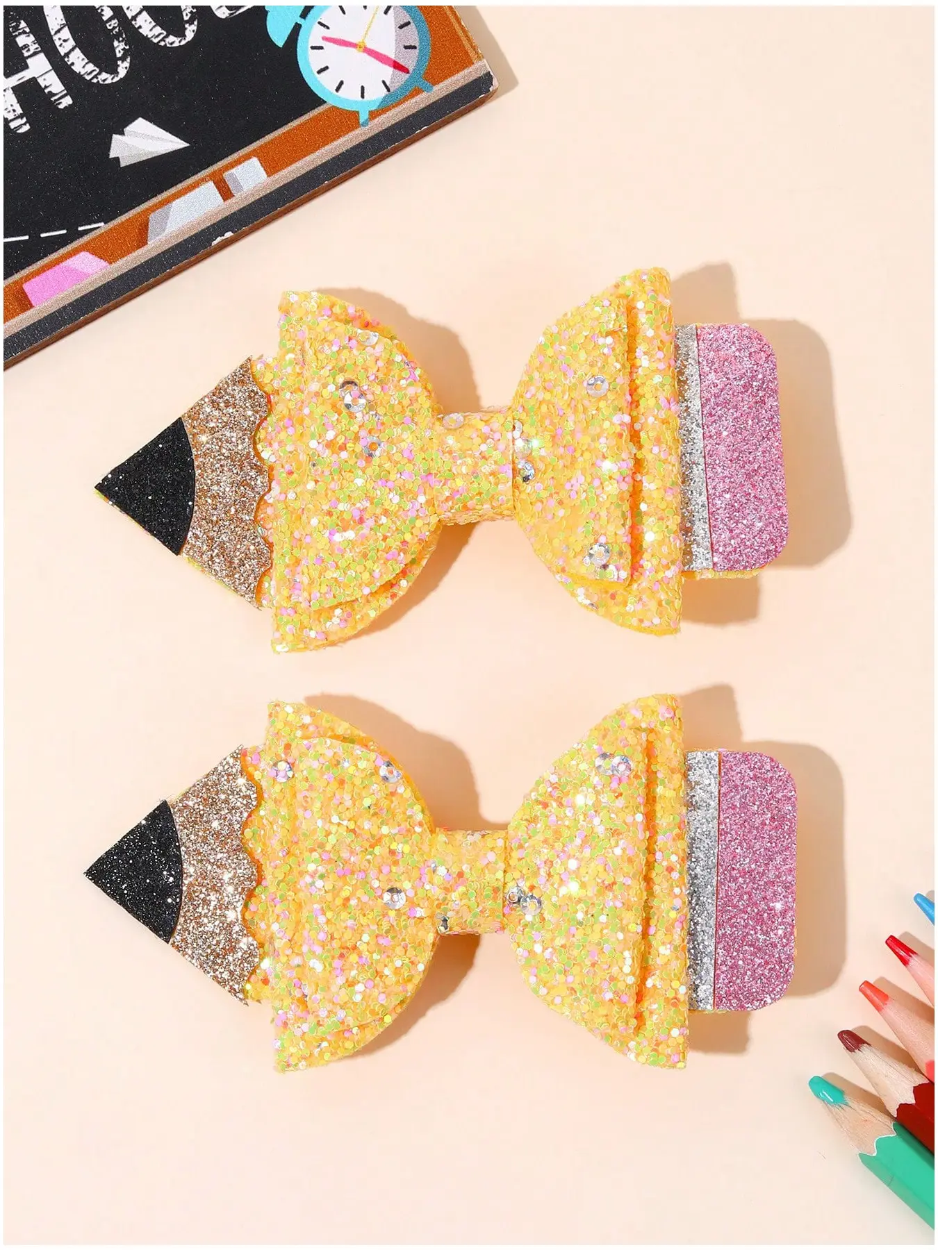 2pcs Graduation Glitter Hair Bow Set for Girls, Colorful Pencil Shaped Hair Clips, Cute Back to School Accessories, Party & Teacher’s Day Gift, Hair Accessory