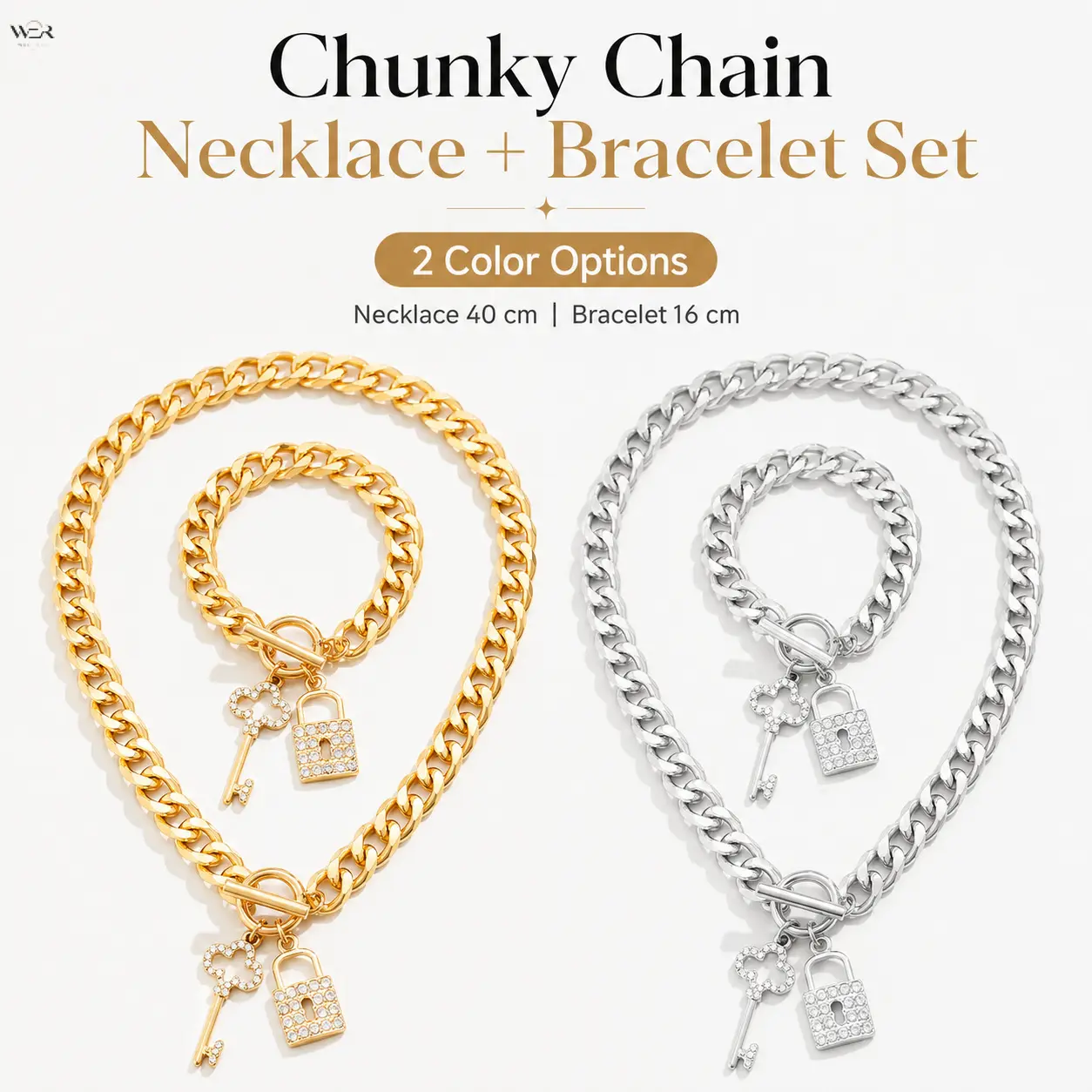 Women's 2-Piece Chunky Jewelry Set, Polished Alloy Curb Link Necklace and Bracelet with Crystal Hearts Lock & Key Charms, Toggle Clasp for Daily Streetwear, Chunky Chains, Daily Wear