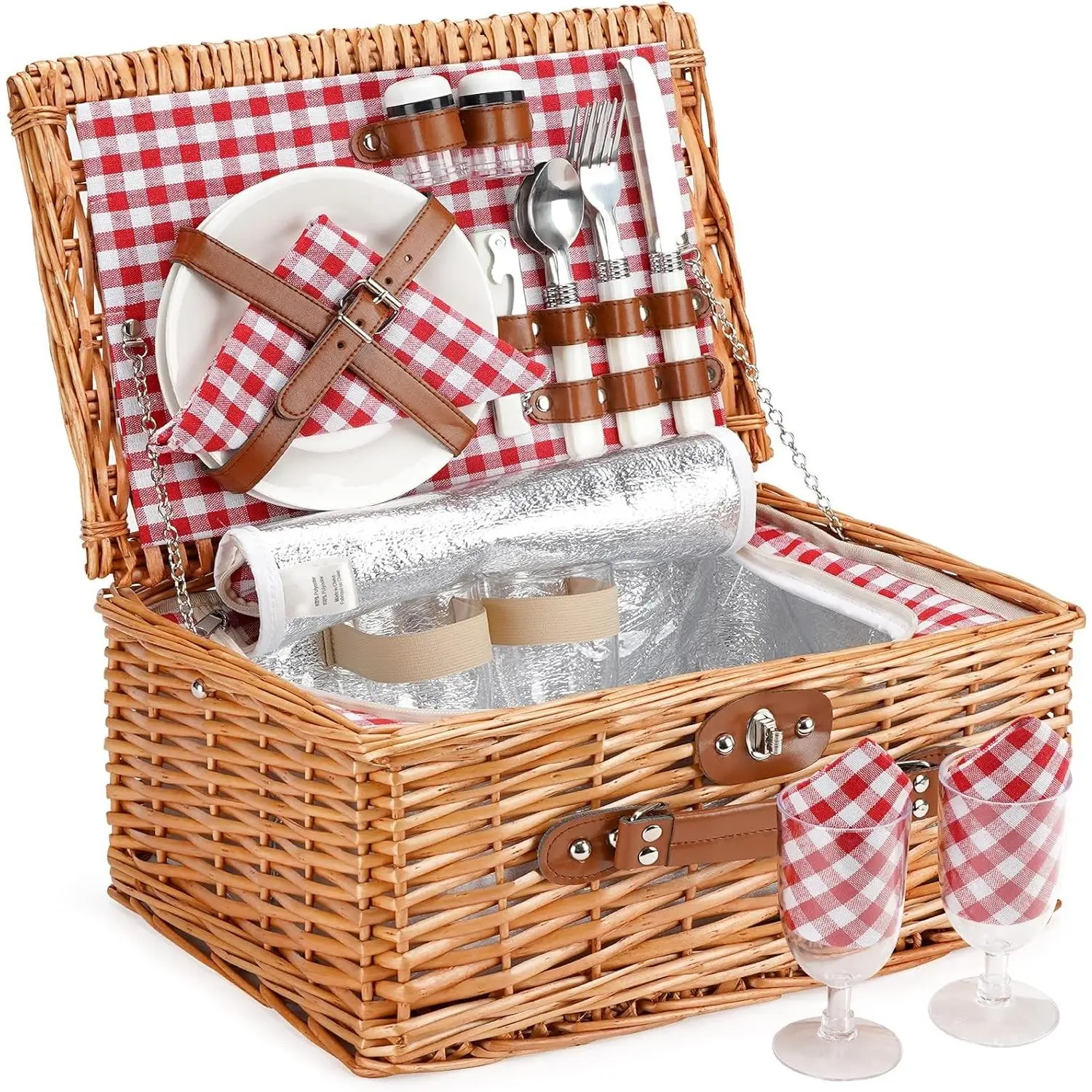 Wicker Picnic Basket for 2 Person, Willow Hamper Basket Sets with Insulated Compartment, Handmade, Classical Red Check with Utensils Cutlery, Perfect for Picnic, Camping