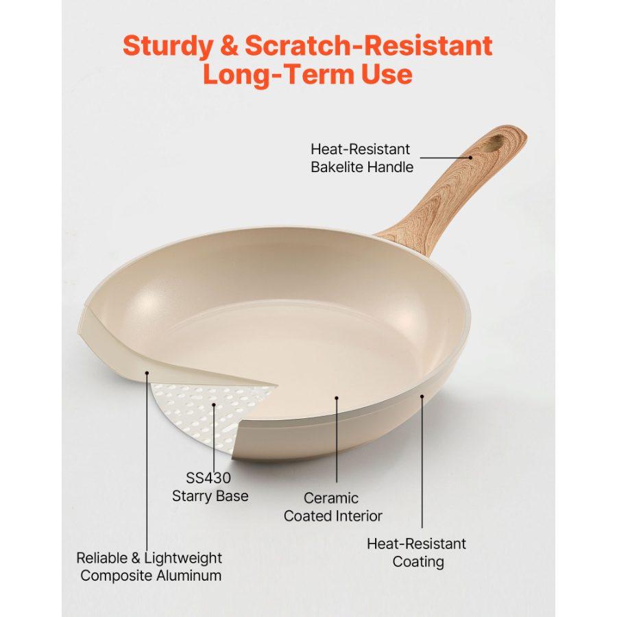 VEVOR Frying Pan Skillet, Aluminum Egg Fry Pans, 3 Piece (8, 9.5, 11 in), Nonsitck Ceramic Heavy-Duty Skillets with Heat-Resistant Handle, Chef's Kitchen Cookware for Gas, Electric, Induction, Beige