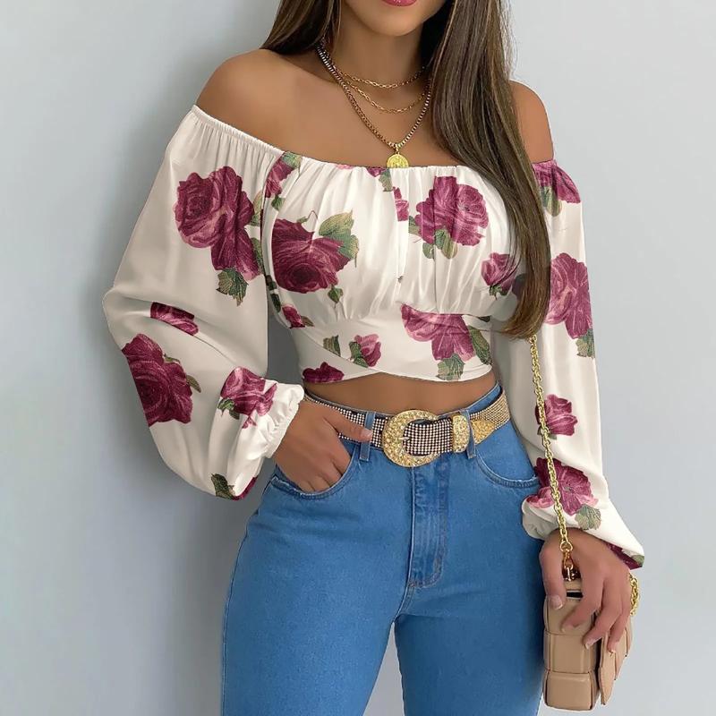Aria Muse Women Sexy Off Shoulder Blouse Chic and Elegant Printing Lantern Long Sleeve Lace Up Bow Cropped Tops Casual Slim Shirts 2026