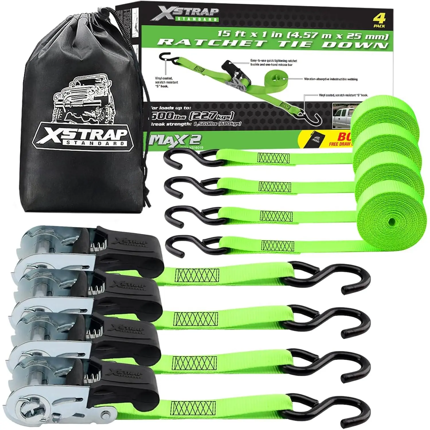 4 Pack 1" x15FT Ratchet Straps, Duty Straps |   500Lbs Load Cap,1500Lb Break Strength, abrasion-resist webbing for Moving Appliances, Lawn Equipment & Motorcycle, Green