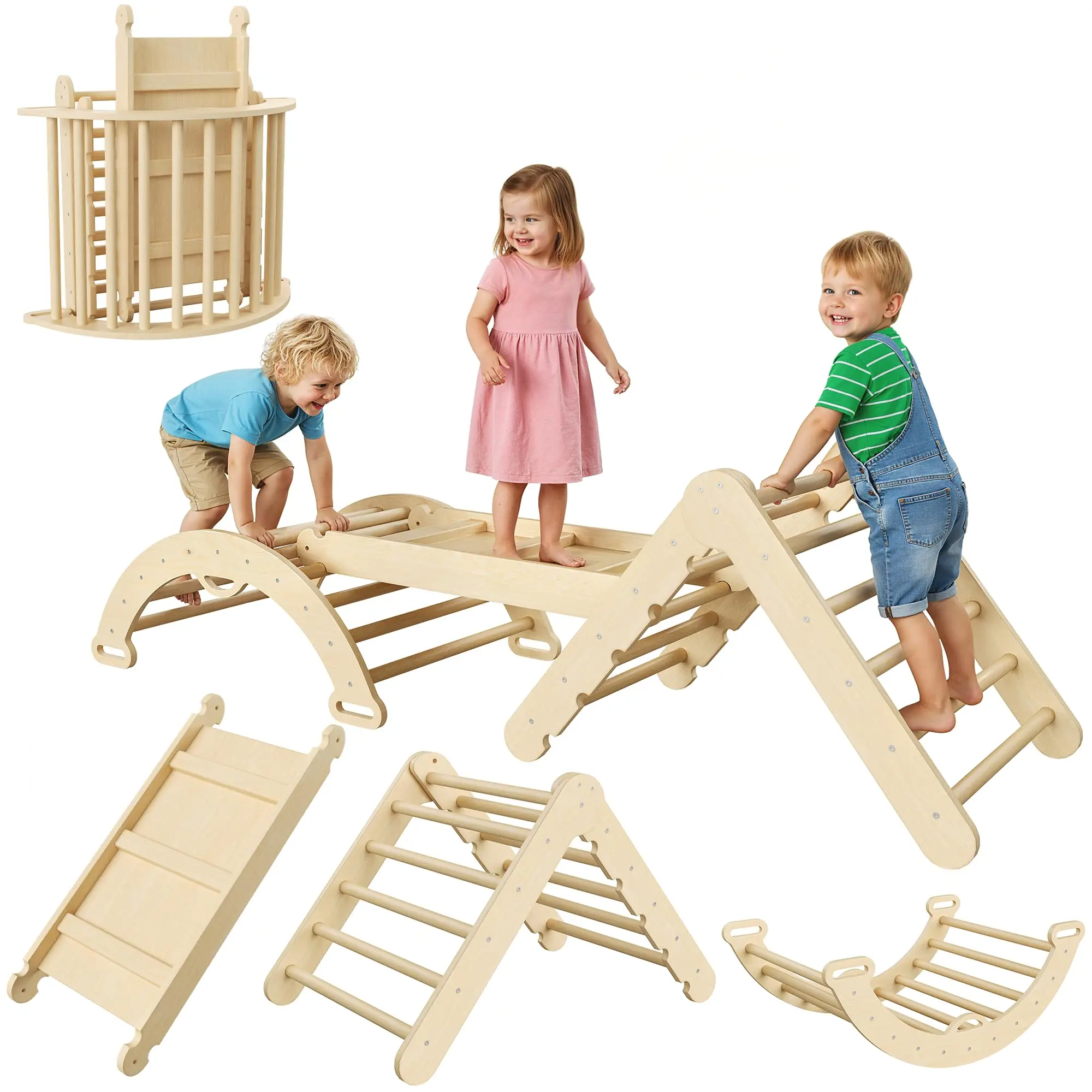 7-in-1 Collapsible Wooden Climbing Triangle Set, Indoor Educational Jungle Gym for Toddlers with Arch, Ramp & Ladder, Durable Activity Play Structure, Encourages Gross Motor Development