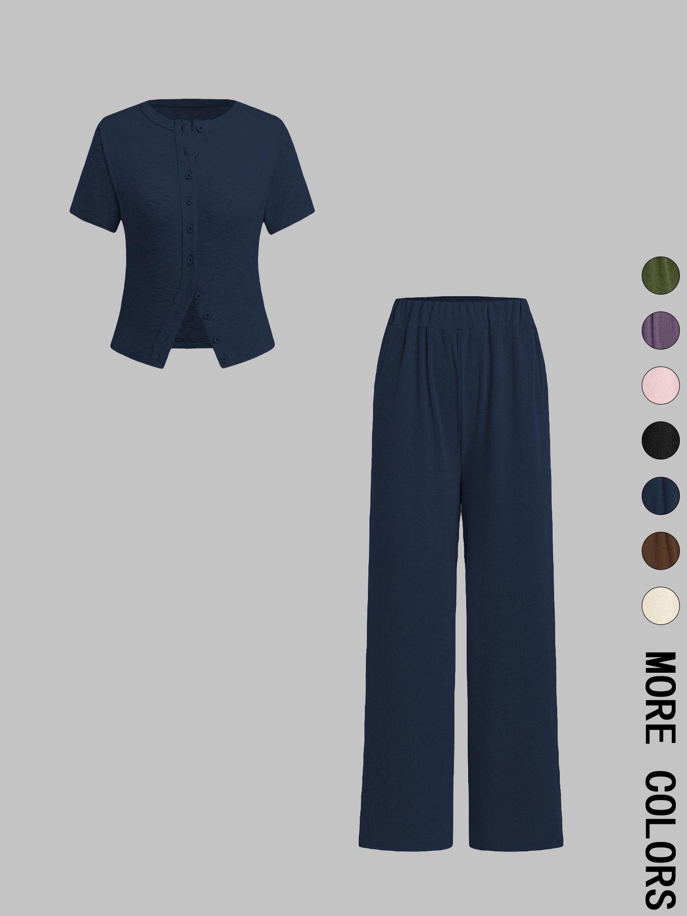 Women's Solid Ribbed Basic Crop Top & Wide Leg Pants Two-piece Set, Casual Fashion Cozy Fitted Top & Trousers for Daily Outdoor Wear, Ladies Clothes for All Seasons,Airport Outfit