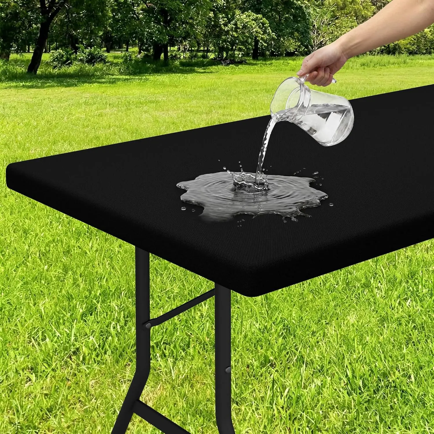 Rectangle Tablecloth, Elastic Fitted Flannel Backed Vinyl Tablecloths for 6ft Folding Tables, Waterproof Wipeable Table Covers for Indoor, Outdoor, Picnic and Camping (Black, 30"x72")