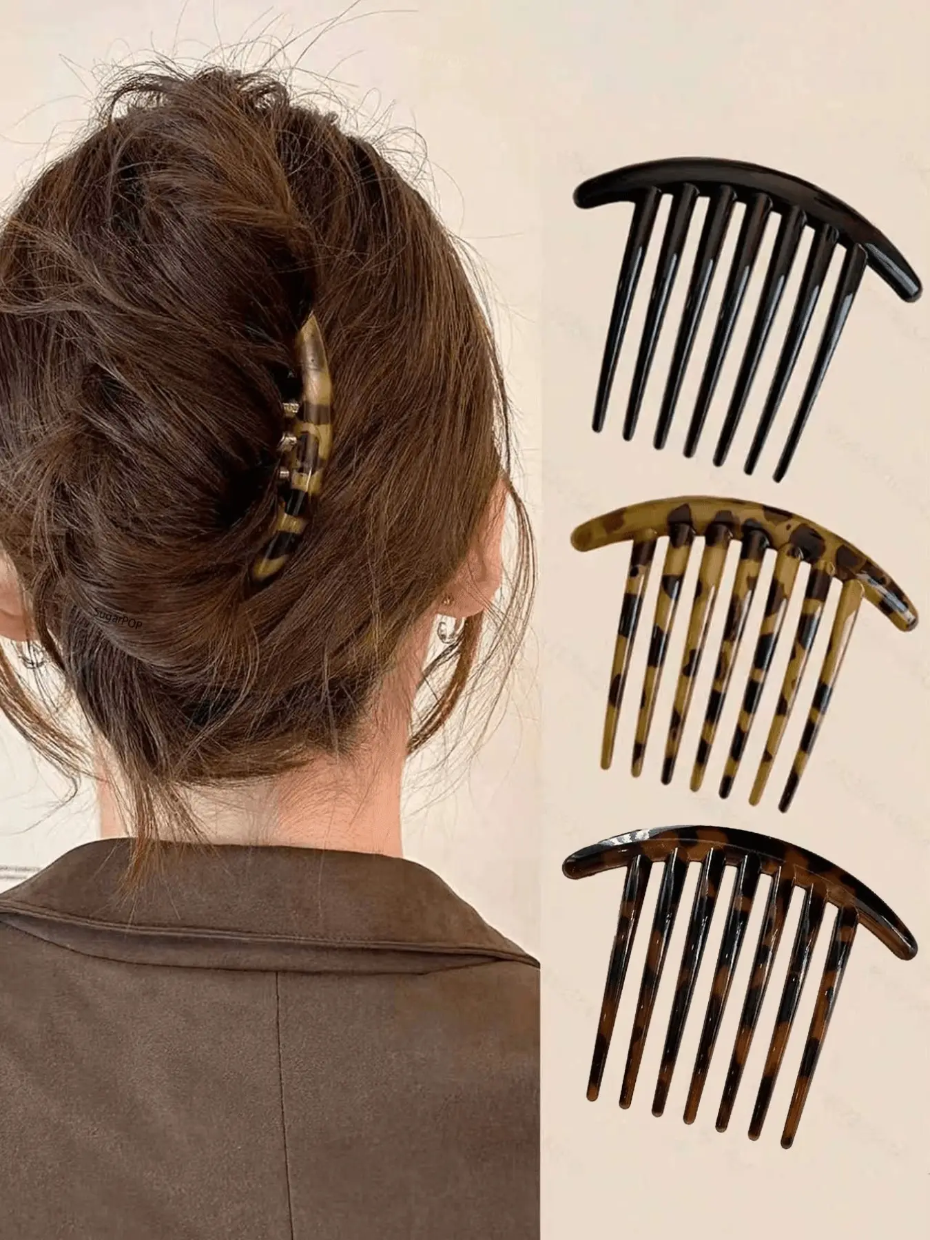 3-Piece French Hair Comb Set, 7-Tooth Tortoiseshell Side Brush, Strong Hold Decorative Celluloid Hair Clip, Ideal for All Hair Types, Hair Styling Tool