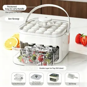 50-cube Extra-Large Push-Button Ice Tray with Ice Scoop and Ice Storage Bin—Features Easy-to-remove Quick-Release Ice Trays for Convenient Ice Retrieval, a Must-Have for Any Kitchen