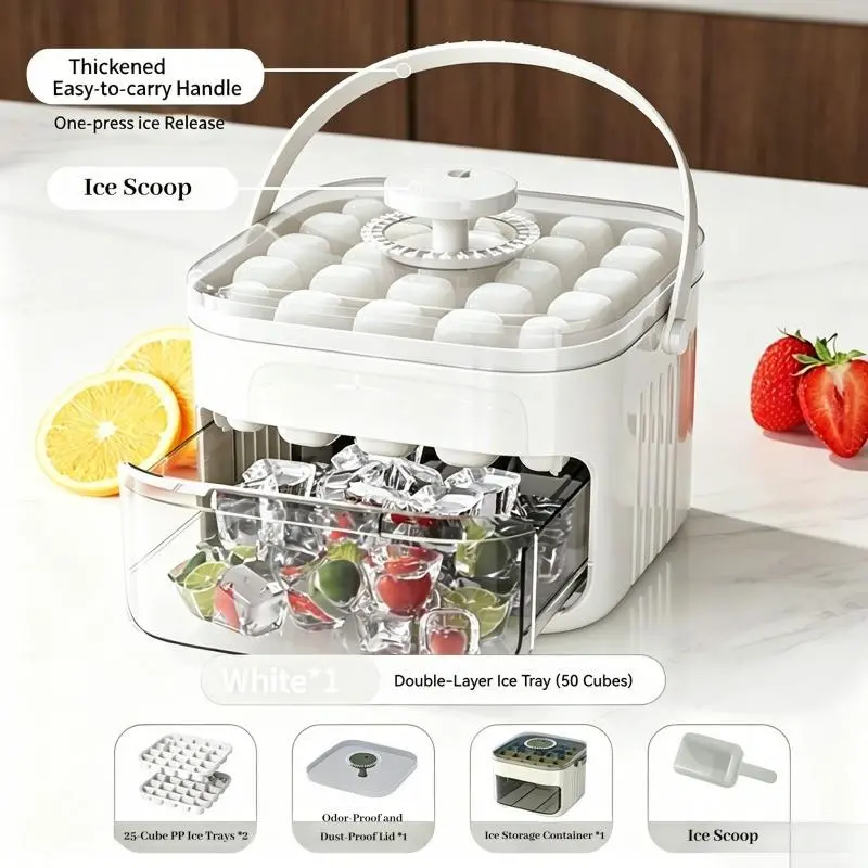 50-cube Extra-Large Push-Button Ice Tray with Ice Scoop and Ice Storage Bin—Features Easy-to-remove Quick-Release Ice Trays for Convenient Ice Retrieval, a Must-Have for Any Kitchen
