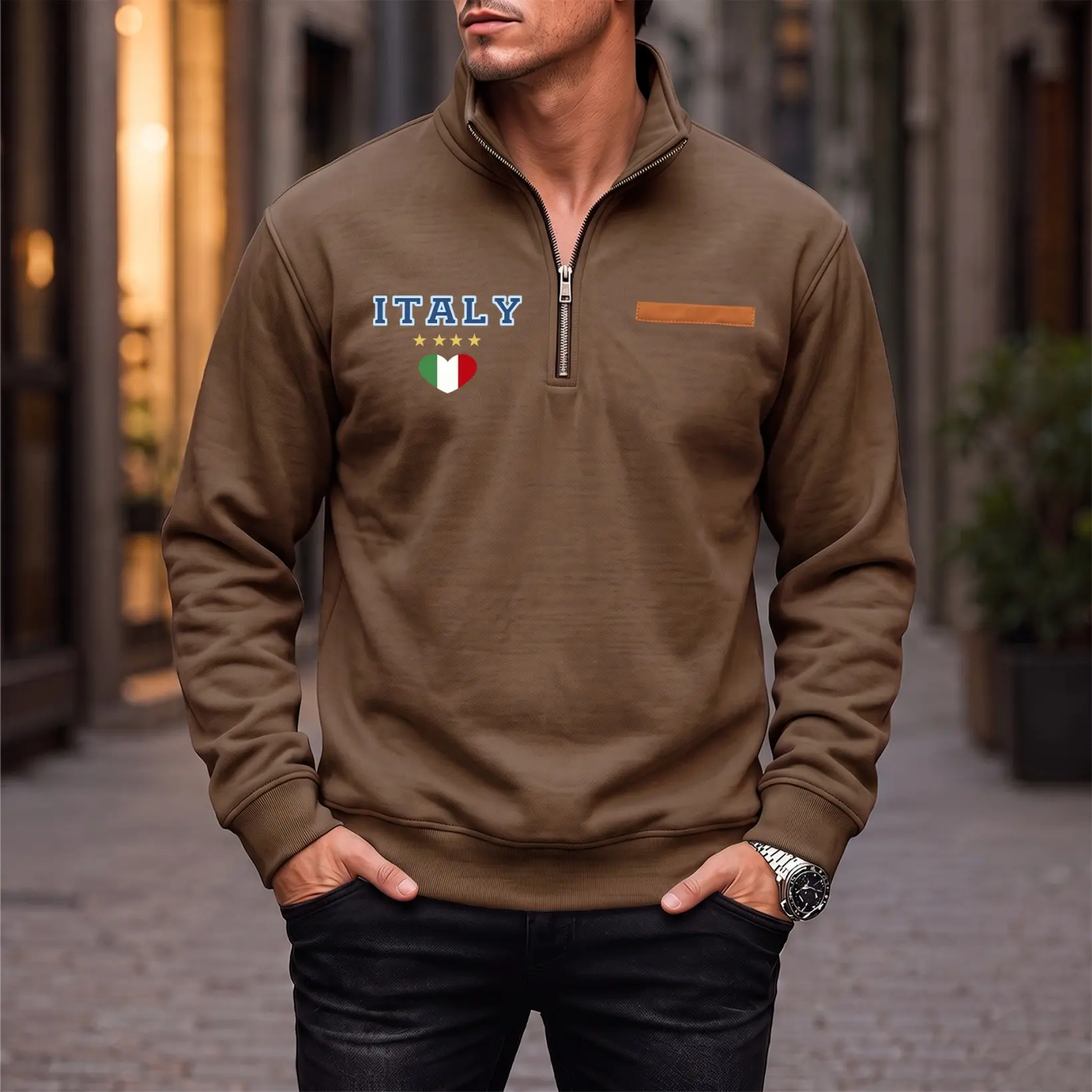 Men's Italy Graphic Quarter Zip Sweatshirt, Minimal Flag Print Stand Neck Pullover Jacket, Soft Fleece Lined Winter Tops for Daily Wear, Outdoor Sports, Travel and Athleisure Style