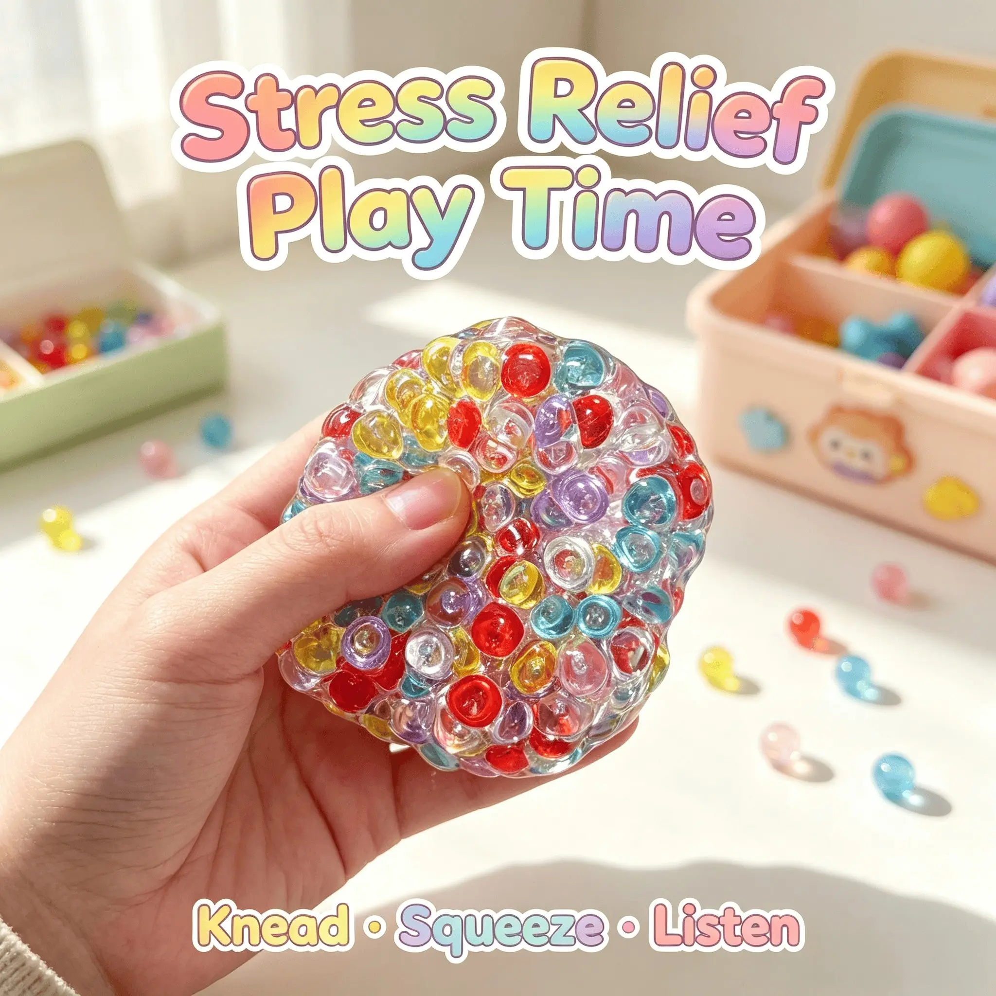 Colorful Flat Bead Sound Squeeze Ball, Noise Making Fidget Stress Relief Toy, Ideal for Anxiety Relief & Sensory Play