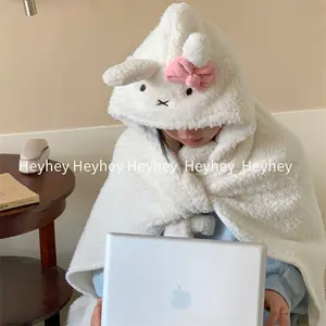 Kawaii Miffy Rabbit Cape, Cute Autumn and Winter Thickened Warm Blanket, Shawl with Hat, Cute Cartoon Midday Nap Cape