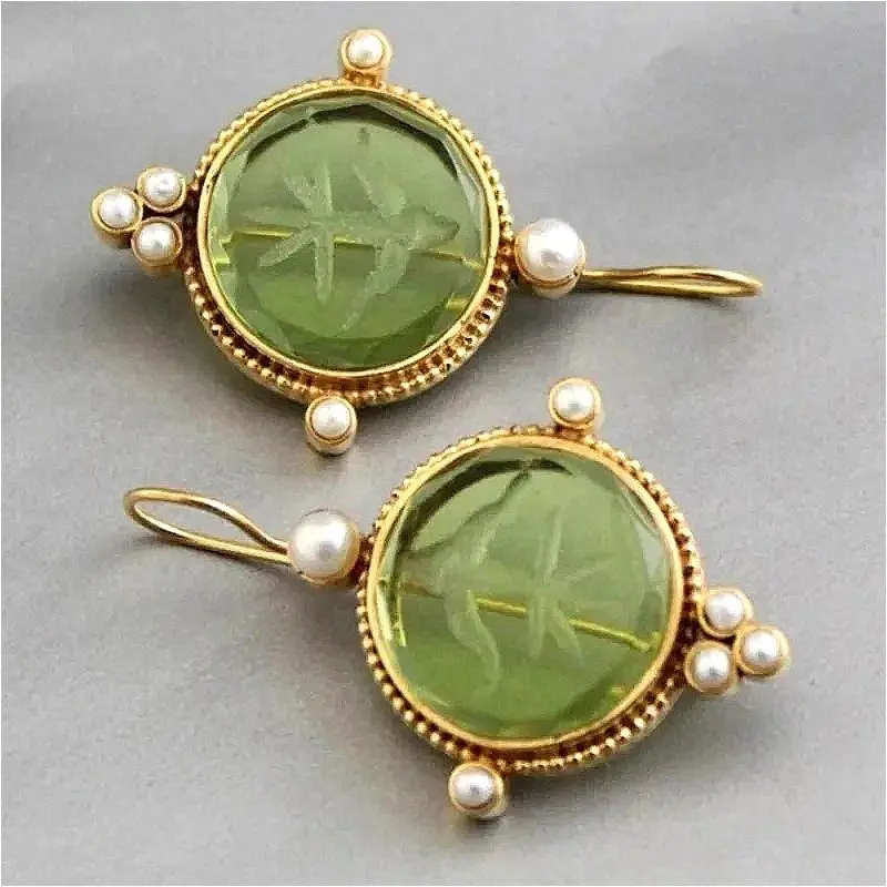 Women's Retro Round Printed Synthetic Emerald Pendant Earrings, Elegant Exquisite Imitation Pearl Dangles, Romantic Artificial Gemstone Jewelry Gifts for Female Adults, Dangle Earrings, Romantic Artificial Gemstone Earrings