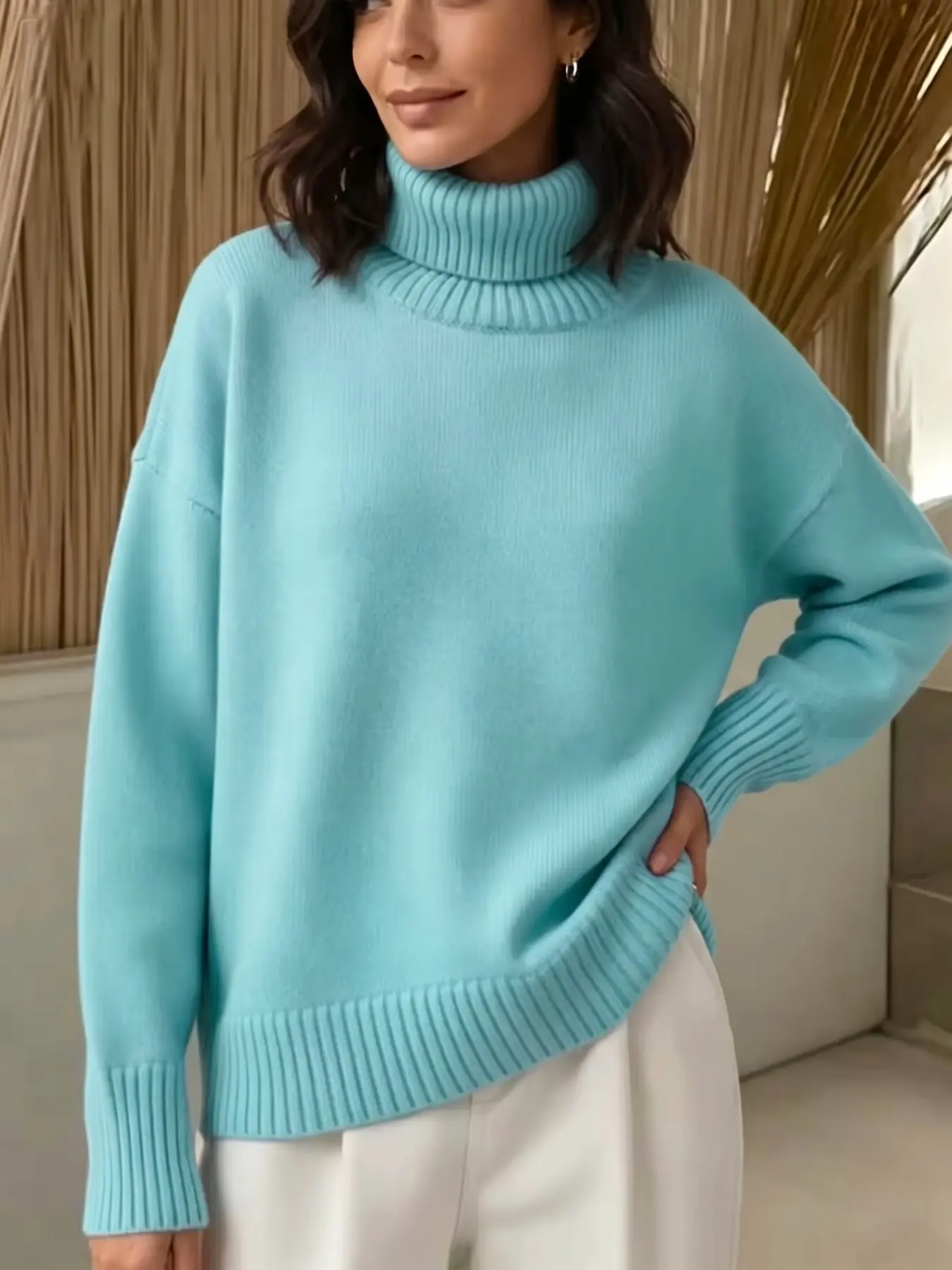 Women's Soft Knit Sweater, Light Blue High Neck Drop Shoulder, Long Sleeve, Loose Fit Casual Pullover, Fall Winter Fashion, Cozy and Comfortable
