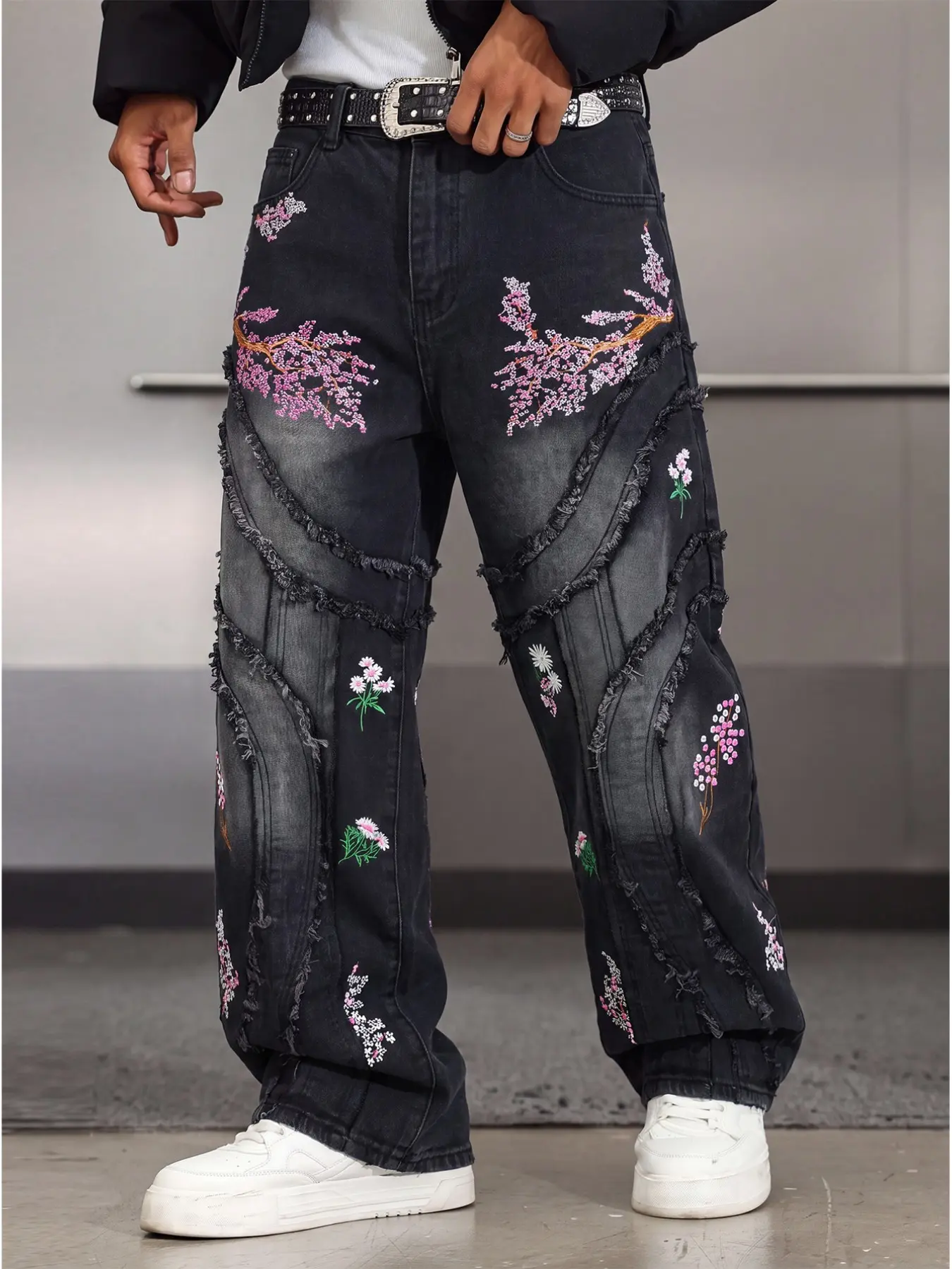 Men's Black Floral Embroidery Mid Waist Jeans Y2K Baggy Straight Leg Pants Patchwork Raw Edge Vintage Streetwear Denim Trousers