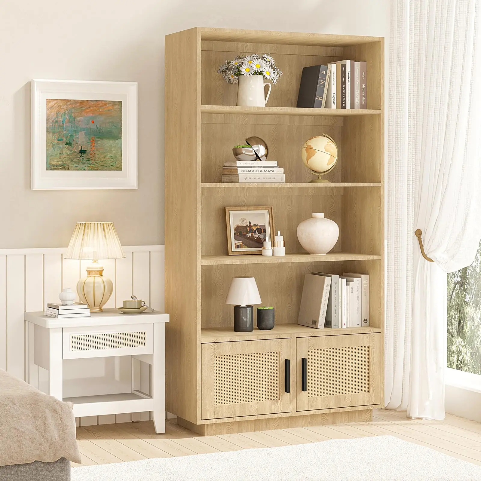 🌿 5-Tier Rattan Boho Bookshelf with Doors – Tall Farmhouse Storage Cabinet, 44 lbs per shelf, Anti-Tip, Easy Assembly for Living Room & Home Office! 📚✨