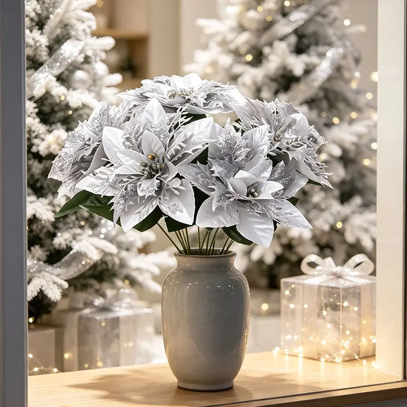 Realistic Christmas Flower Bouquet Poinsettia Artificial Flowers, Silk Carnations, Wedding Centerpiece, DIY Craft Supplies