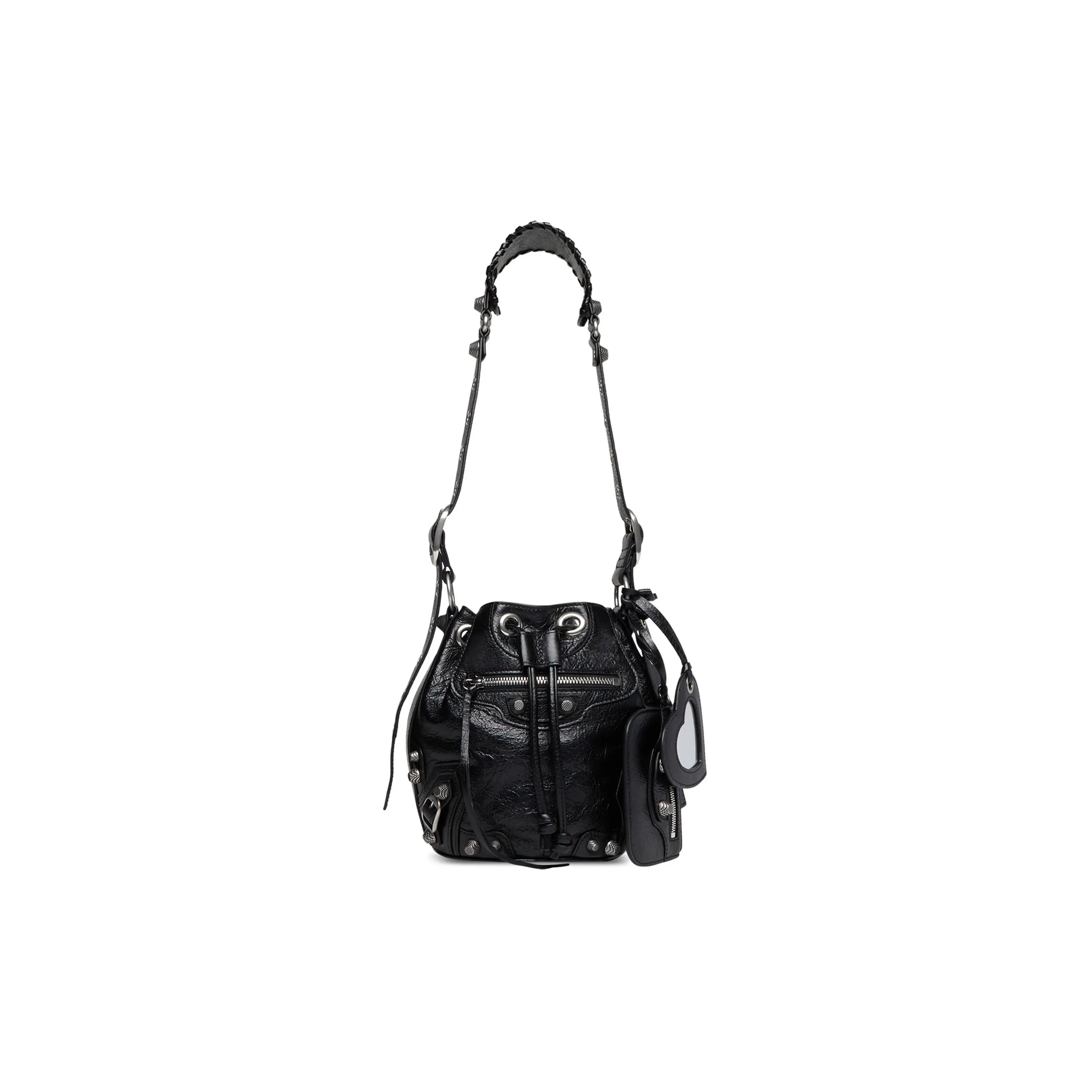 Balenciaga Le Cagole Bucket Bag for Women, Ruched Lambskin Motorcycle-Style Shoulder Bag with Adjustable Strap, Black