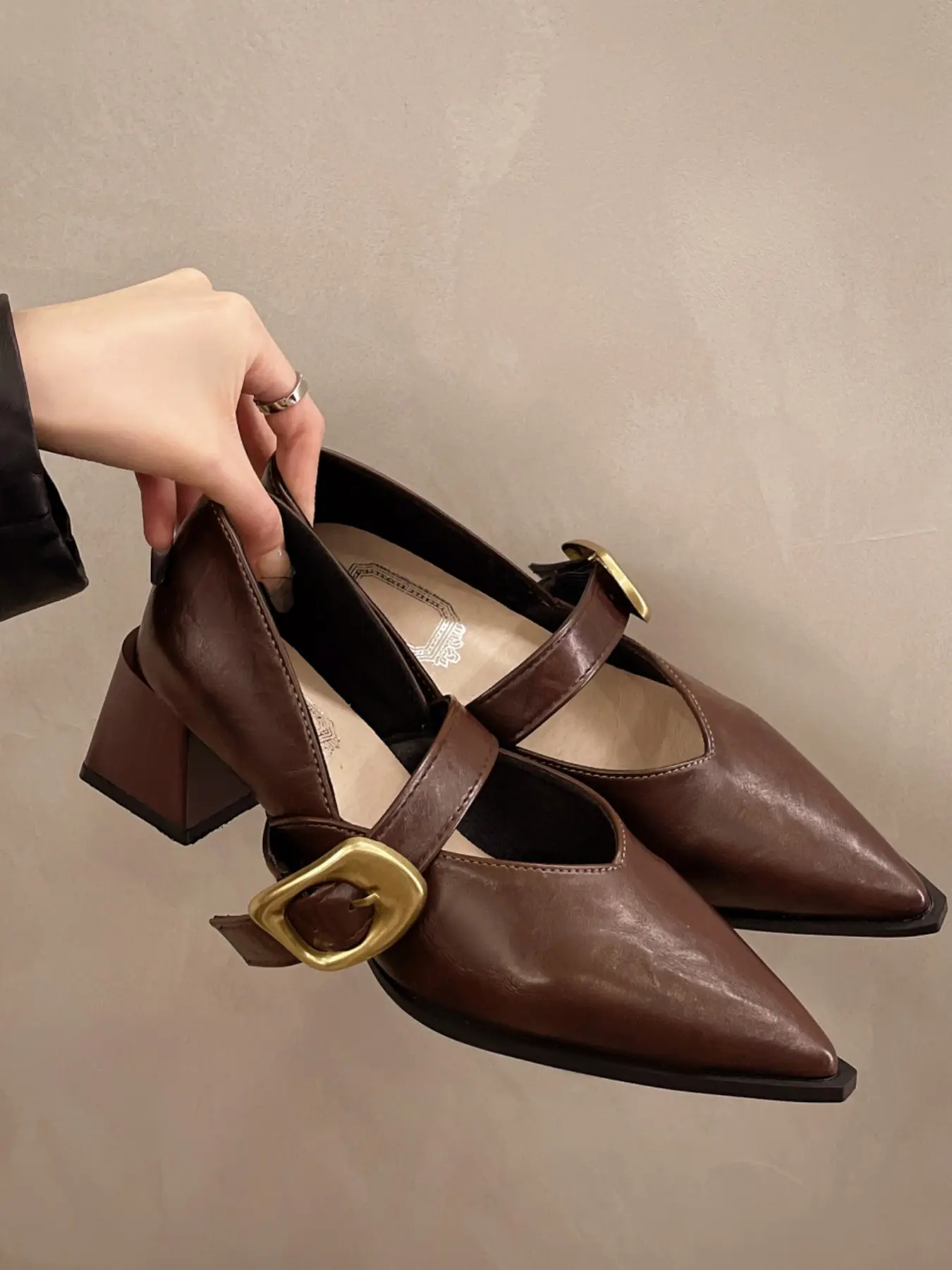 Women Pointed Toe Adjustable Gold Buckle Mary Jane Low Block Heel Pumps, V Cut Strap Vintage Dress Shoes, Office Casual Retro Footwear, 3 Colors Black Brown Cream