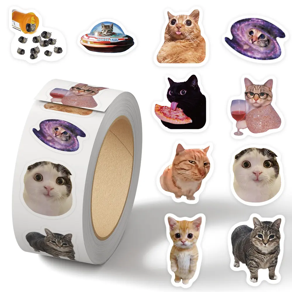 500Pcs Funny Abstract Meme Cat Sticker Roll, Waterproof Cute Kitten Seal Stickers, Aesthetic Stickers, Decor for Water Bottles, Laptops, Luggage, Journals & Scrapbooking, Perfect Birthday Gift for Cat Lovers and Kids