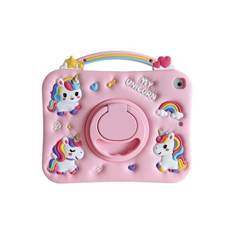 Cute Unicorn iPad Case Tablet Cover for 7th-11th Gen, Cartoon Anti-Drop Silicone Soft Shell, Rotating Stand, Rainbow Handle, Ultra-Suction