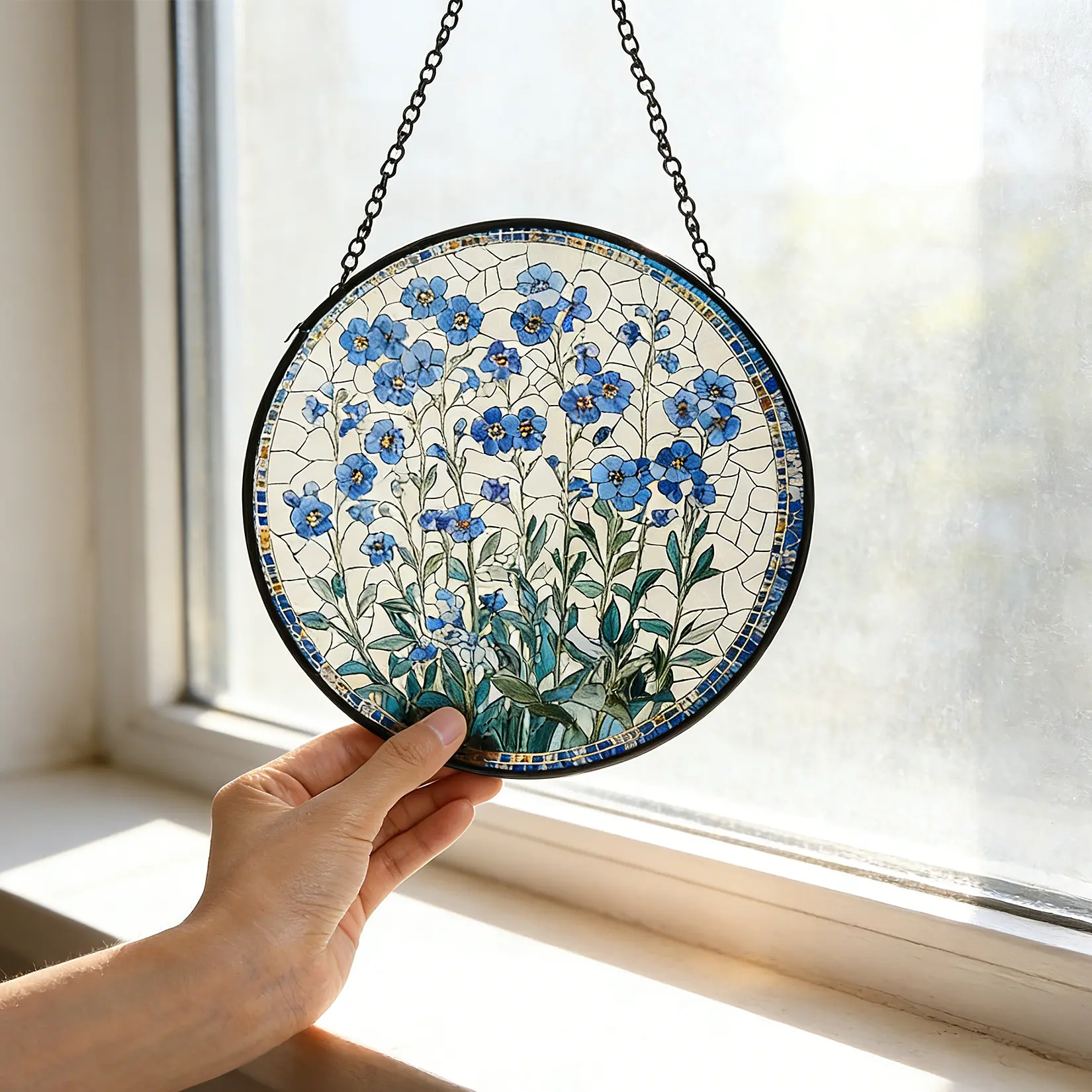 7.9" Lighted Minimalist Blue Forget-Me-Not Stained Glass Suncatcher, Round Floral Motif Window Hanging with Metal Chain, Unique Patio Home Decor, Gift Boxed
