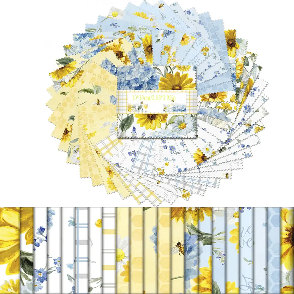 50Pcs Bee and Flower Theme Fabric Squares 3.93x3.93 Inch Precut Quilting Fabric Bundle with Sewing Kit Cotton Patches for Beginner DIY Crafting