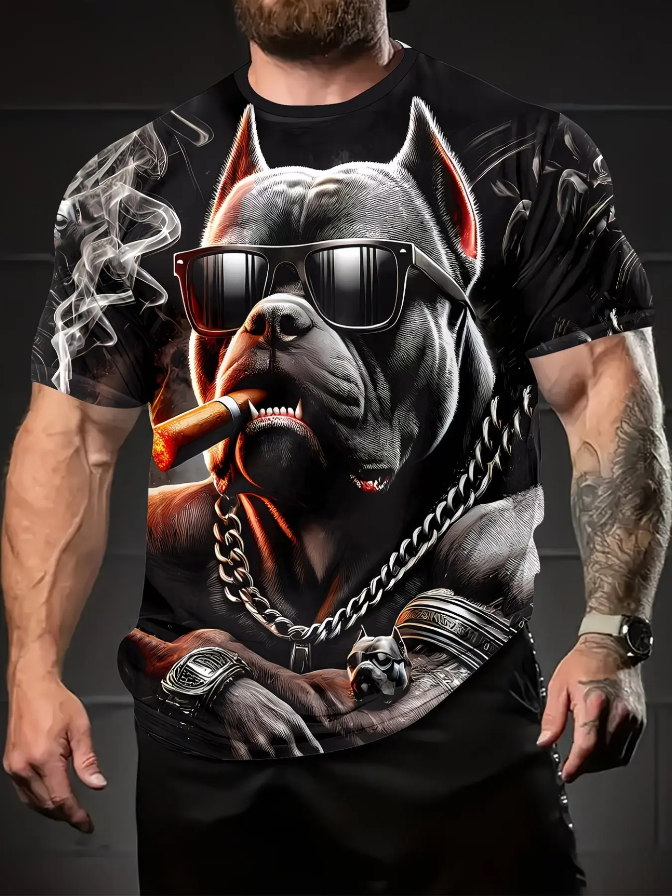 Men Black Base 3D Cool Pitbull With Sunglasses Cigar Print T-Shirt Gold Chain Bully Dog Graphic Crew Neck Short Sleeve Hip Hop Streetwear Casual Tee
