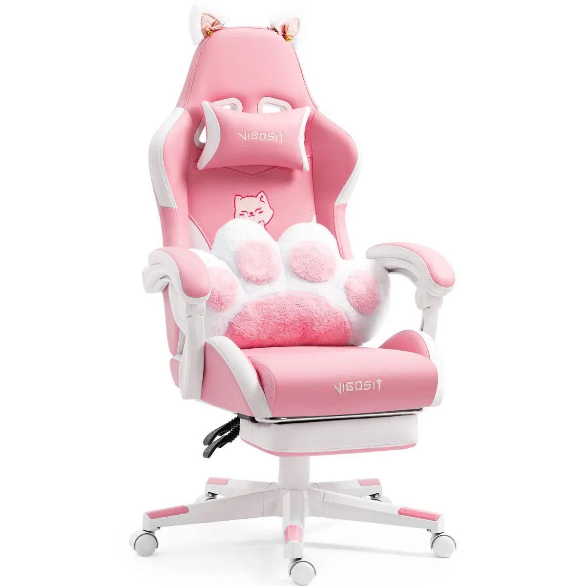 Pink Cat Ears PU Leather Ergonomic Office Desk Chair - Reclining Gaming Chair with Footrest, 310lb Capacity, 6-Position Recline, 360° Swivel, Commercial Office Furniture Camping Essential cross criss