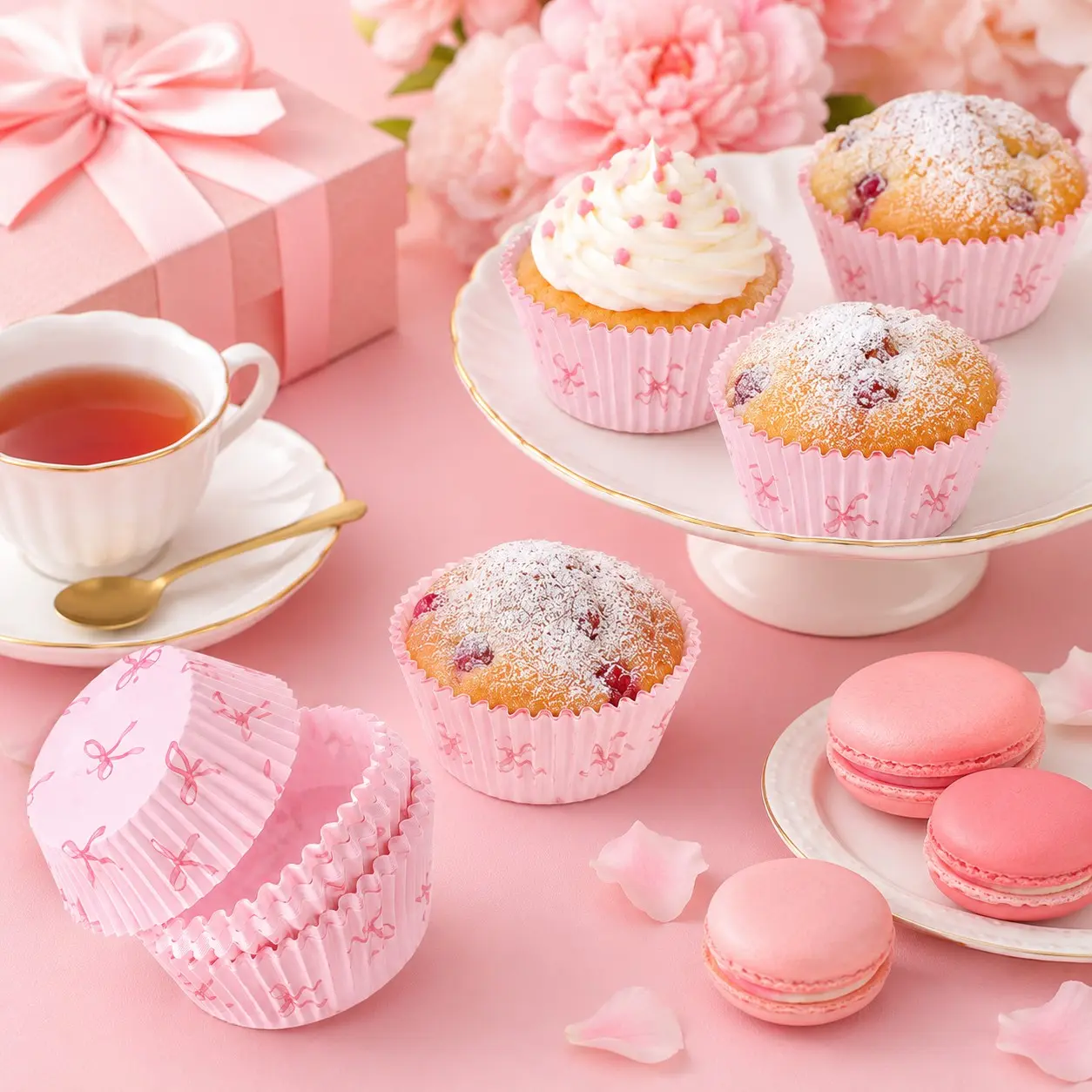 100-Pack Pink Bow Cupcake Liners, Small Paper Baking Cups for Muffins, Cupcakes, Birthdays, Parties, Dessert Tables, Home Baking Supplies and Bakeware