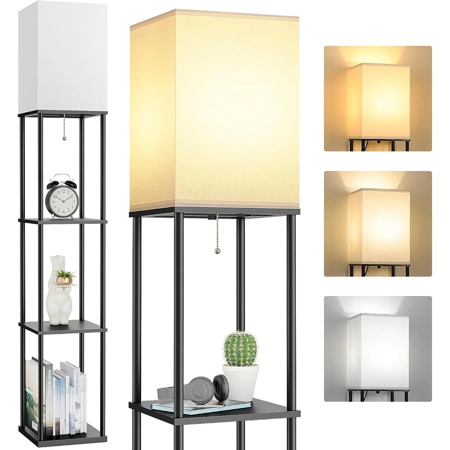 Floor Lamp with Shelves, 3-Tier Modern Square Bookshelf Standing Lamp Black | 3 Color Temperature Bulb Included, Pull Chain Tall Lamp for Living Room Bedroom Corner Office Apartment Decor