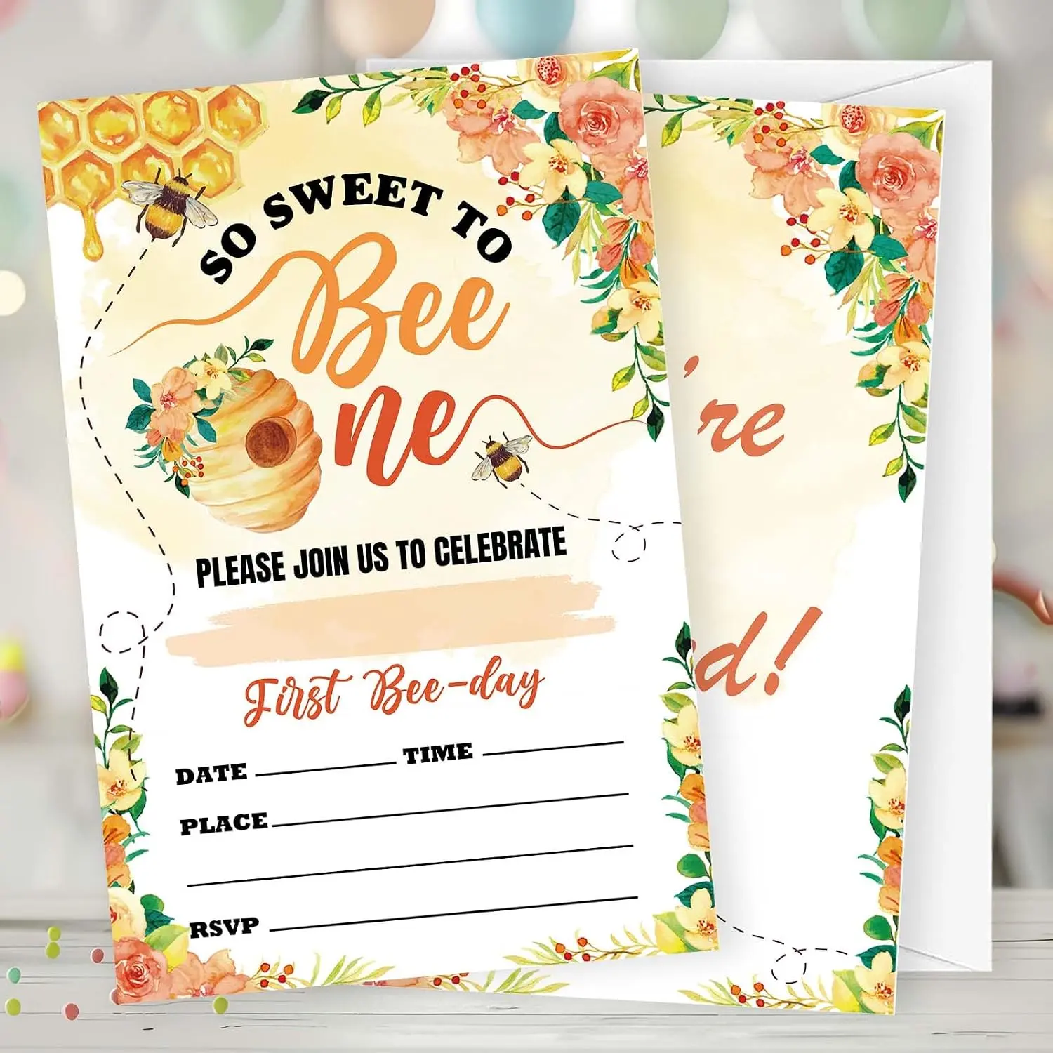 1st Birthday Invitations, 20 Invitation Cards with Envelopes, Sweet Bee Invites for Party Decorations Favor Supplies - A04