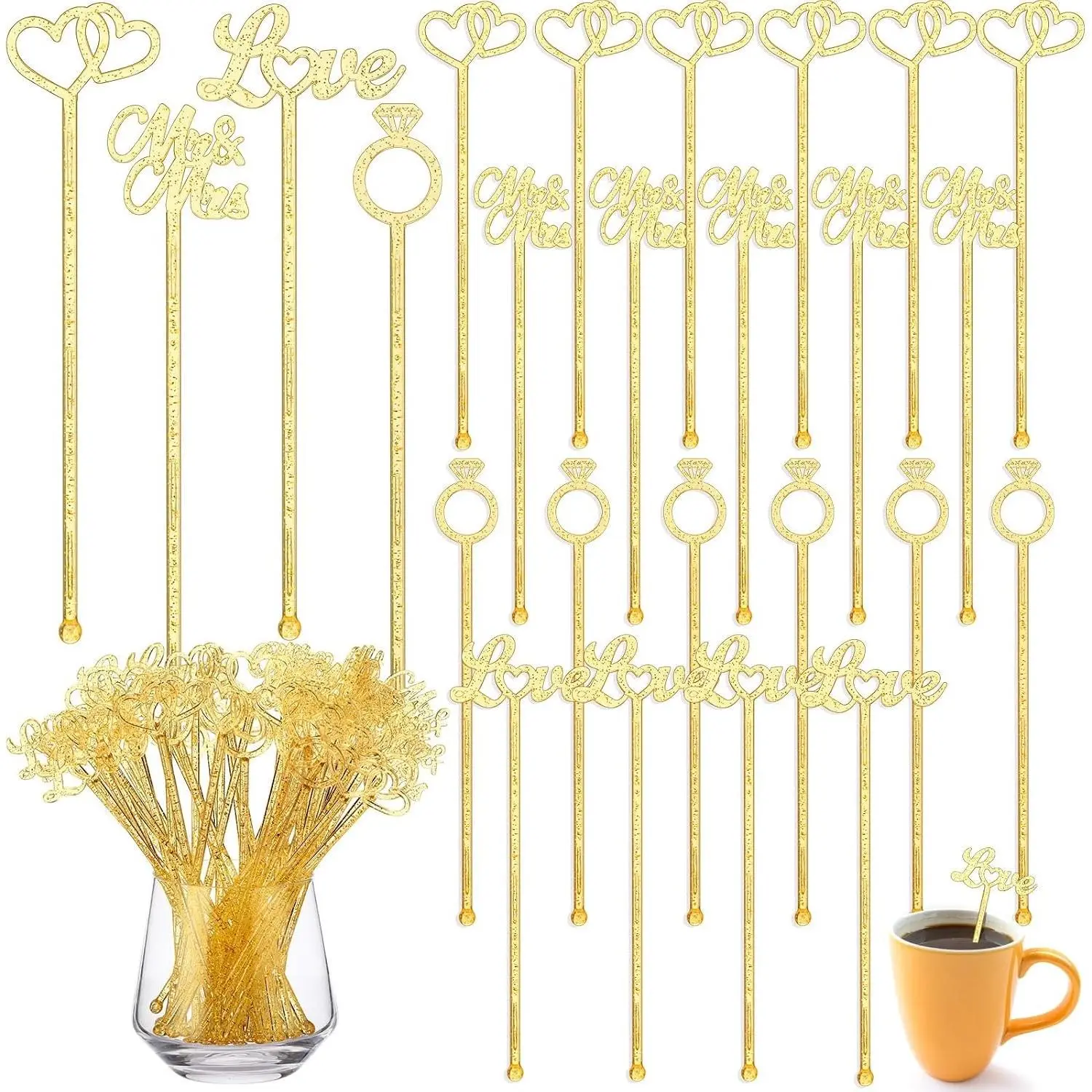 Reallnaive 50 Pcs 7.5 Inch Gold Glitter Plastic Drink Stirrers for Wedding