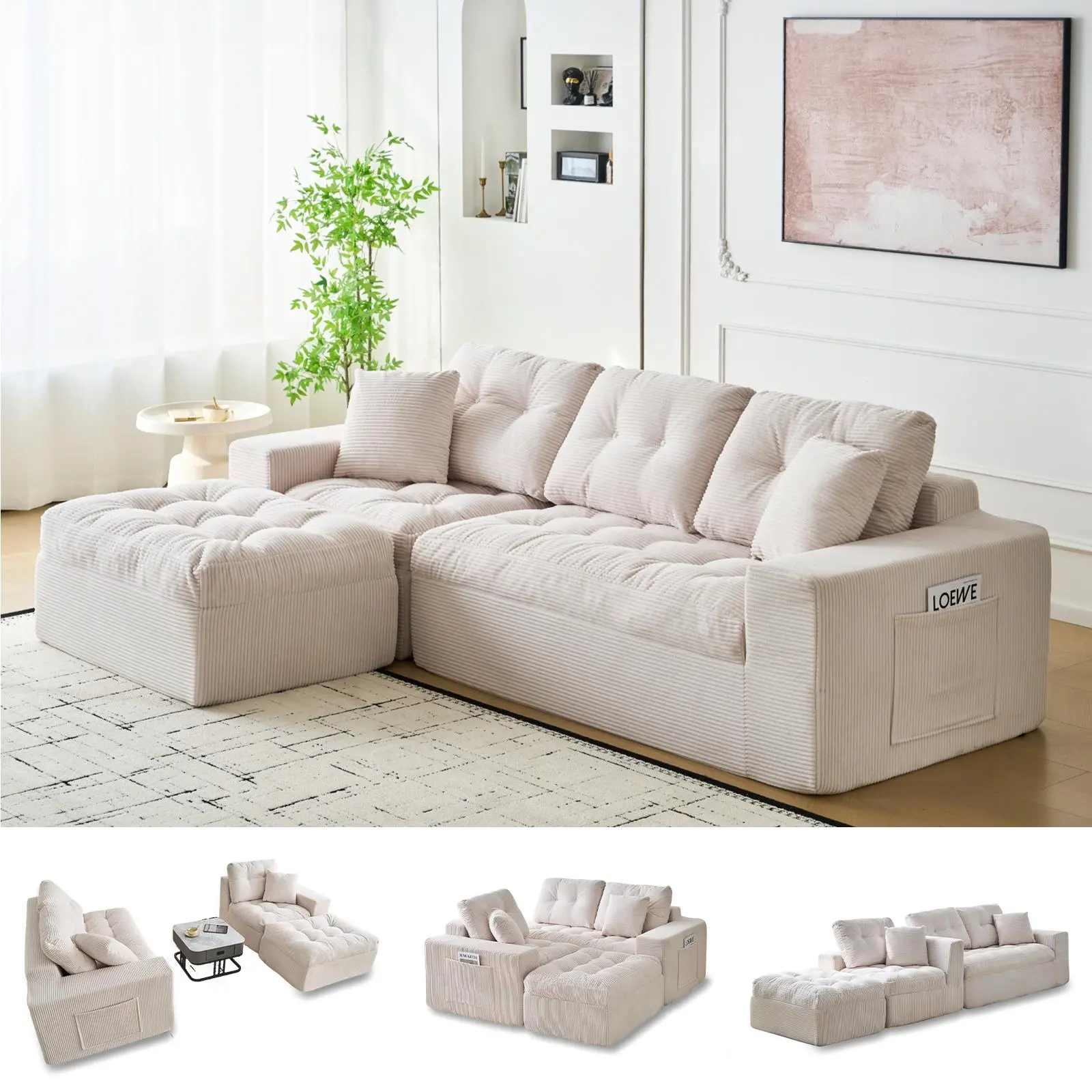 Cloud Sectional Couch Tool Free Assembly Modular Floor Sofa Bed Corduroy Upholstered Sectional Sofa 29" Deep Sink-In Boneless Couch Modern Modular Loveseat with Pillows for Living Room Small Apartment No Assembly Required