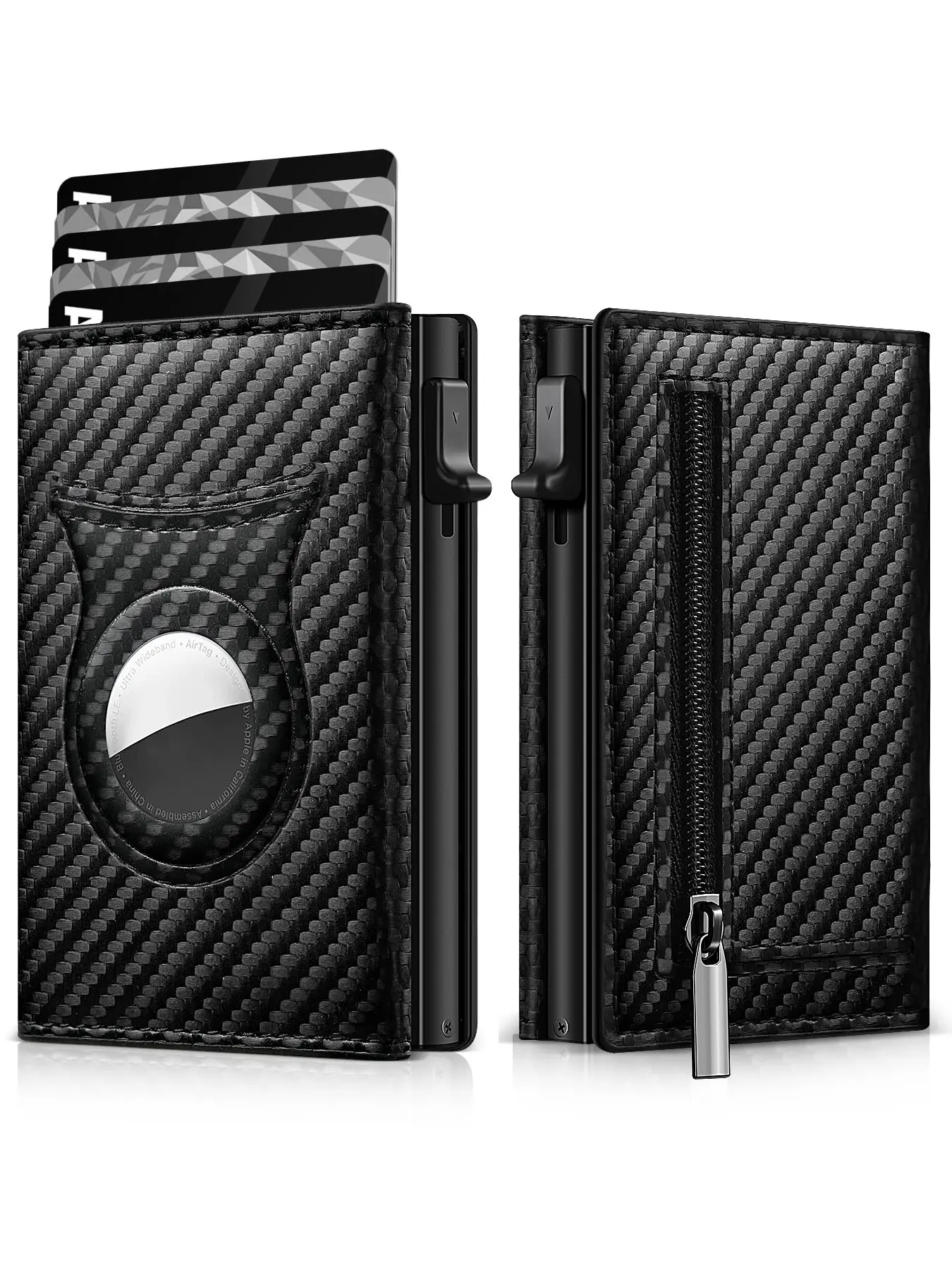 Men's Carbon Fiber Magnetic Card Holder with Secure Card Storage and PU Leather, Rfid Theft Proof Wallet with Zipper Coin Purse, Airtag Pocket Wallet for All Seasons
