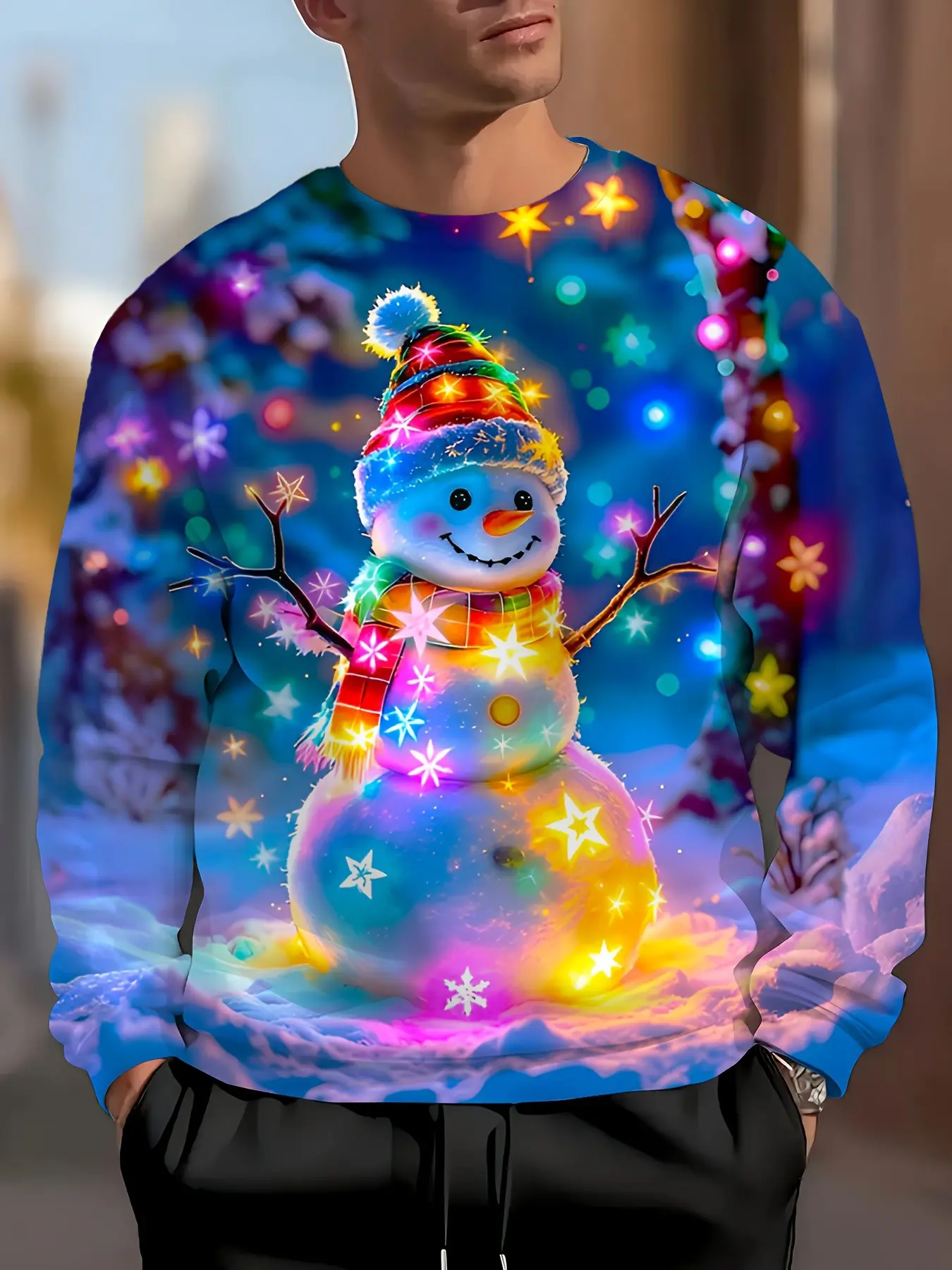 Men's Christmas Atmosphere Sweatshirt, Glowing Snowflake Print, Loose Fit, Fall Winter Festival Top, Cartoon Design, Warm and Cozy