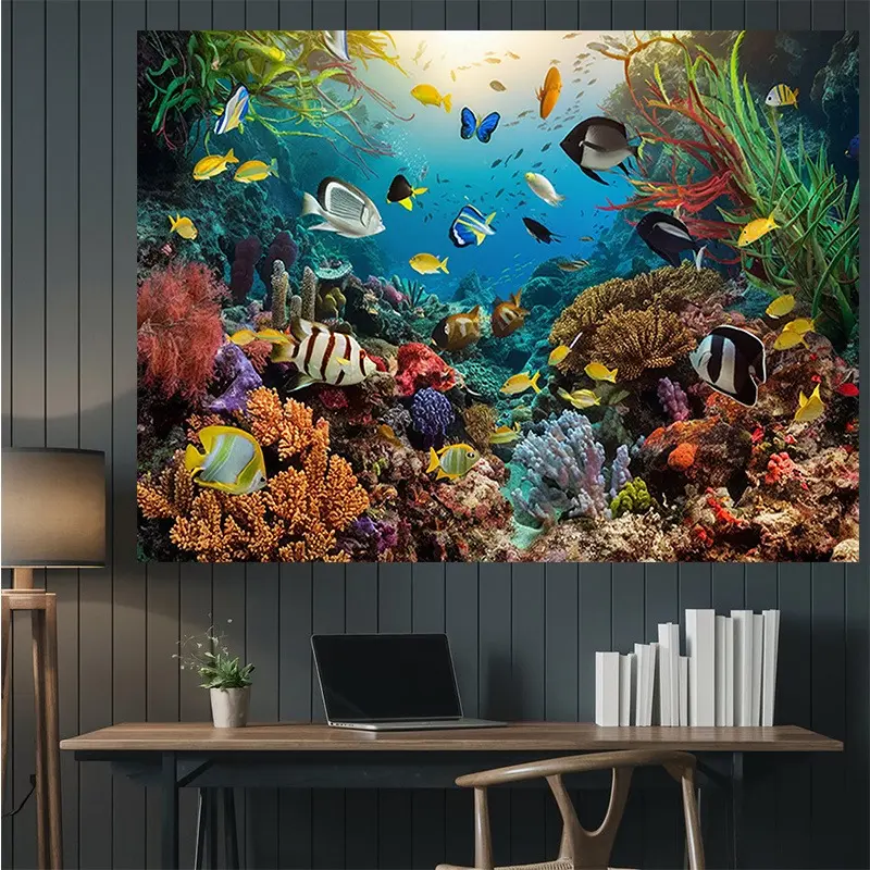 2D Flat Ocean Aquarium Scene Banner | Single-Sided Polyester | Metal Grommets for Easy Hanging | Vibrant Underwater Wall Decor for Kids' Rooms, Birthday Parties, Classrooms & Photography Backdrop
