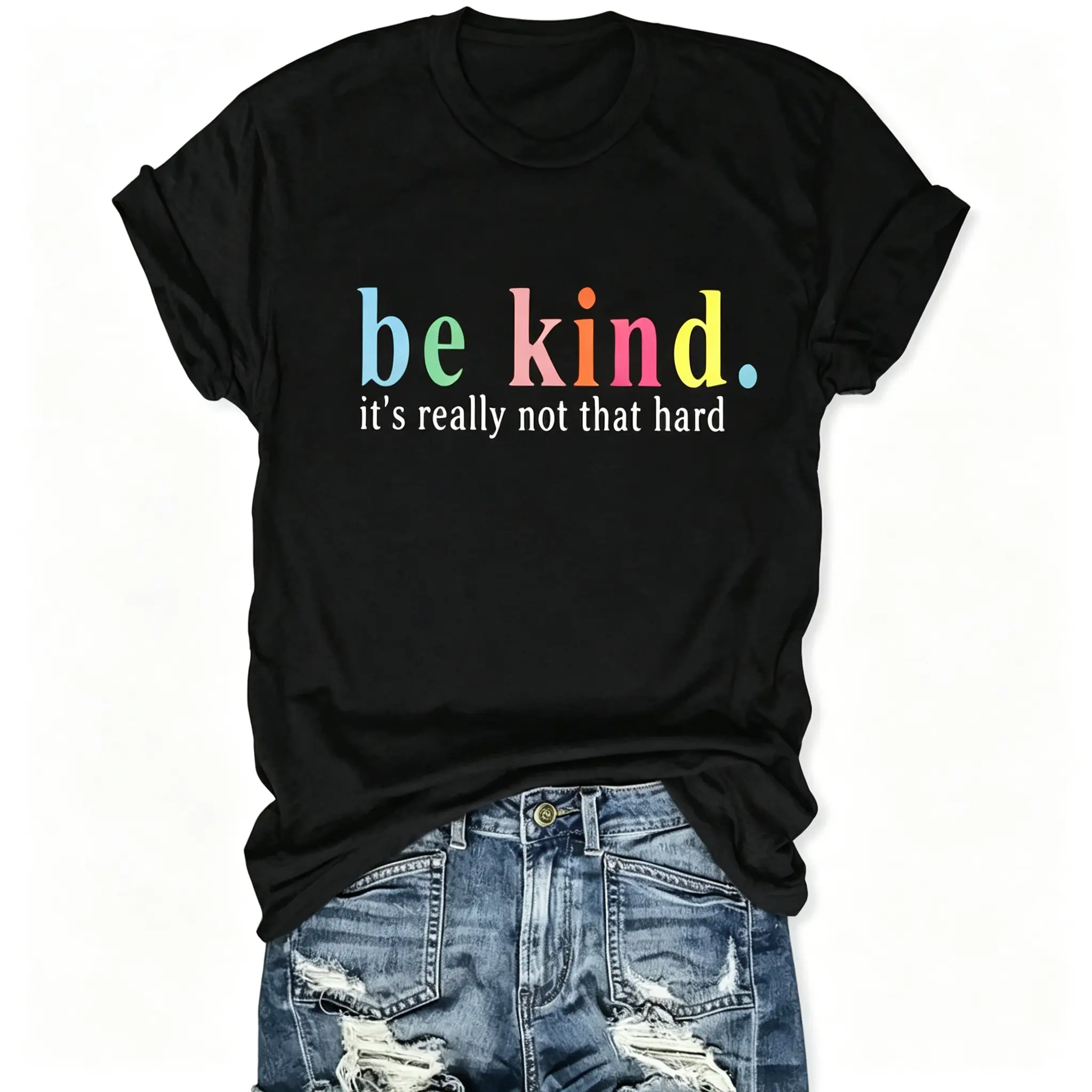 Women's Cotton Crew Neck Short-Sleeve T-Shirt - Smooth, Printed, Fit/Oversized Options, Comfortable "Be Kind" Slogan for Casual Summer Wear