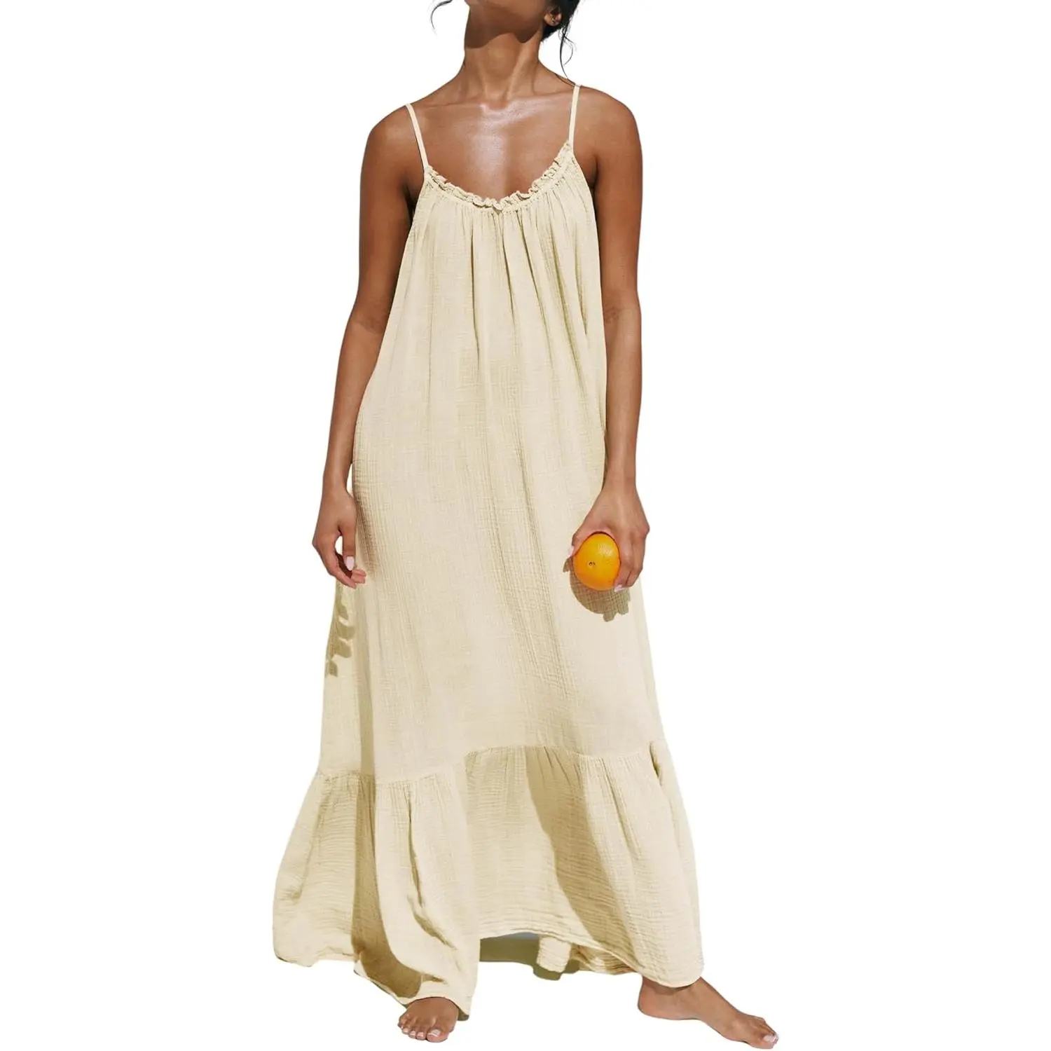 Women's Summer Cotton Maxi Dress - Adjustable Spaghetti Straps, Bohemian, Casual, Backless, Ruffled, Loose-Fit, Flowy