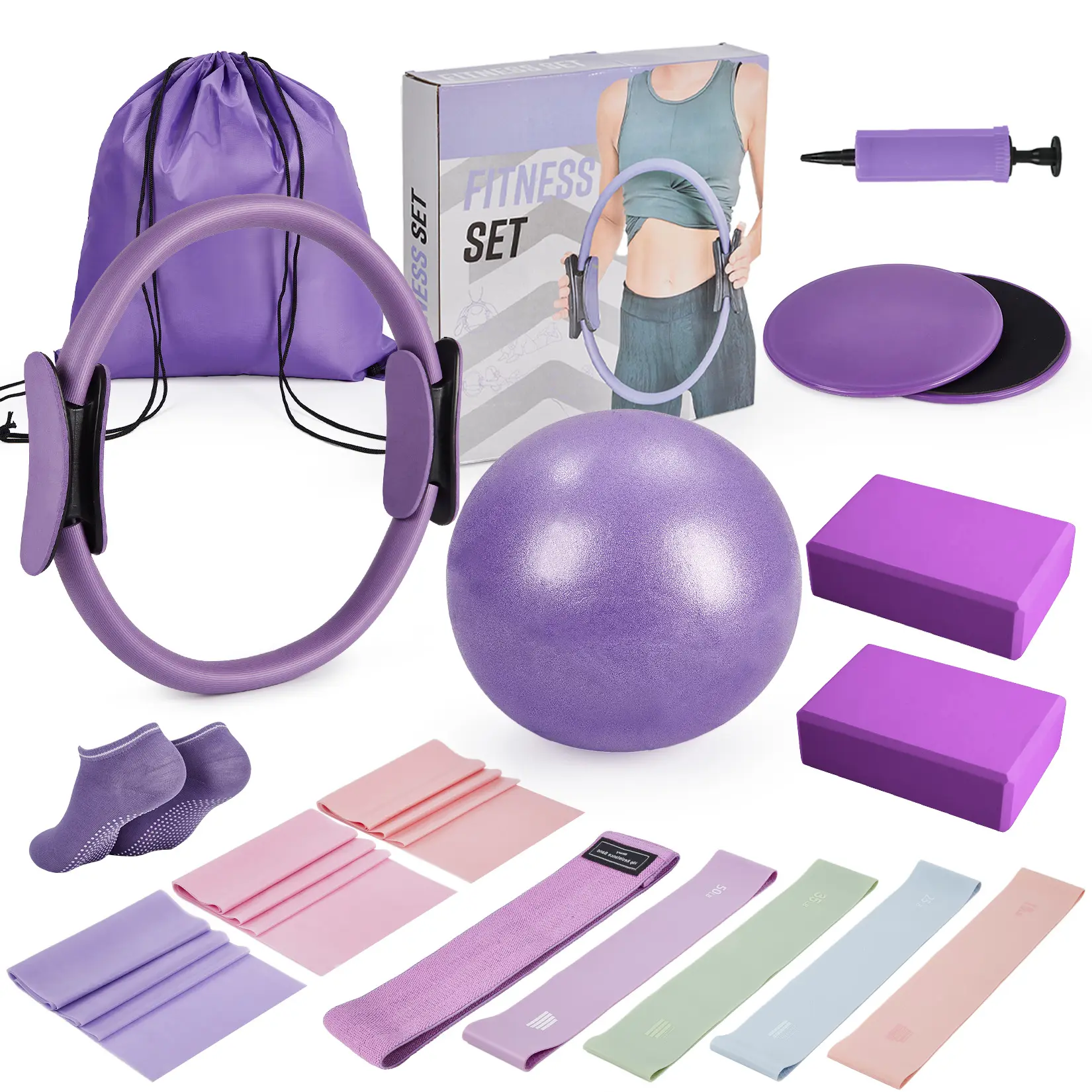 Multi-Function Pilates Workout Kit for Home – Includes Pilates Ball, Resistance Bands, Yoga Blocks & Accessories – 17-in-1 Set for Full-Body Strength and Flexibility Training