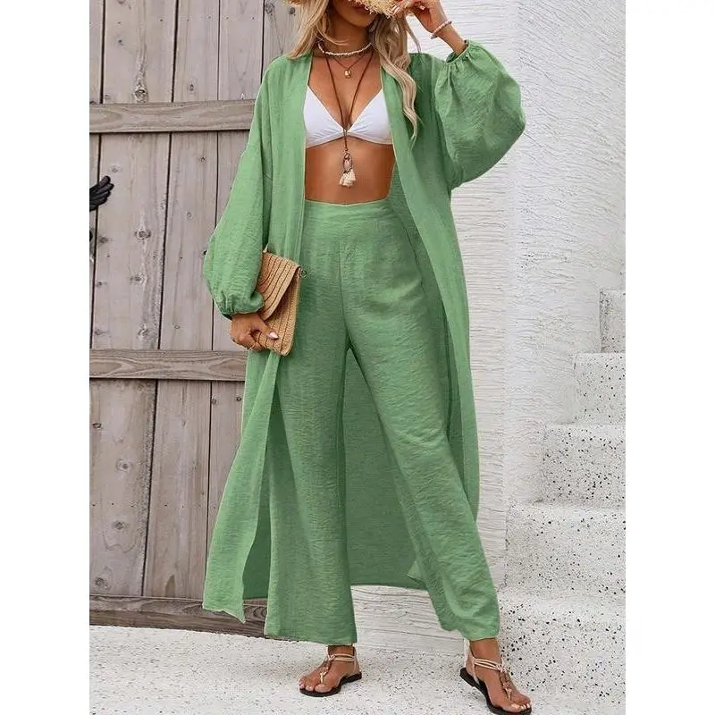 Women's Longline Wrap Cardigan & Wide Leg Pants Set, Casual Fall Winter, Elegant European Style, Comfortable Knitwear