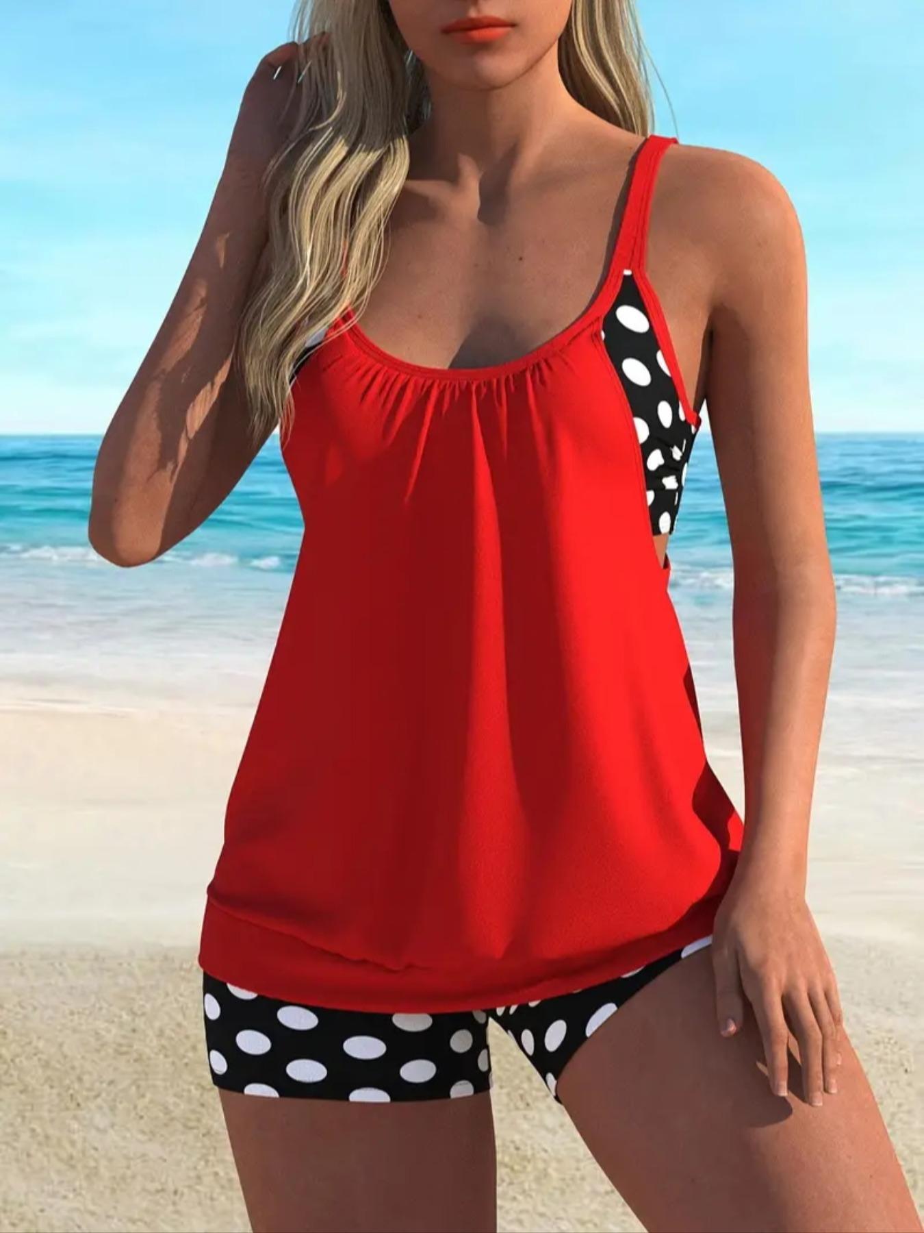 Playful 2026 Polka Dot Tankini Set with Flowy Cover-Up & Tummy Control – Perfect for Beach Vacations & Family Approved Swim |   2026 Women’s Swimsuits, Two Piece Swimsuits with Shorts, Trendy Red & Black Bathing Suit tropical print lace rib bikini