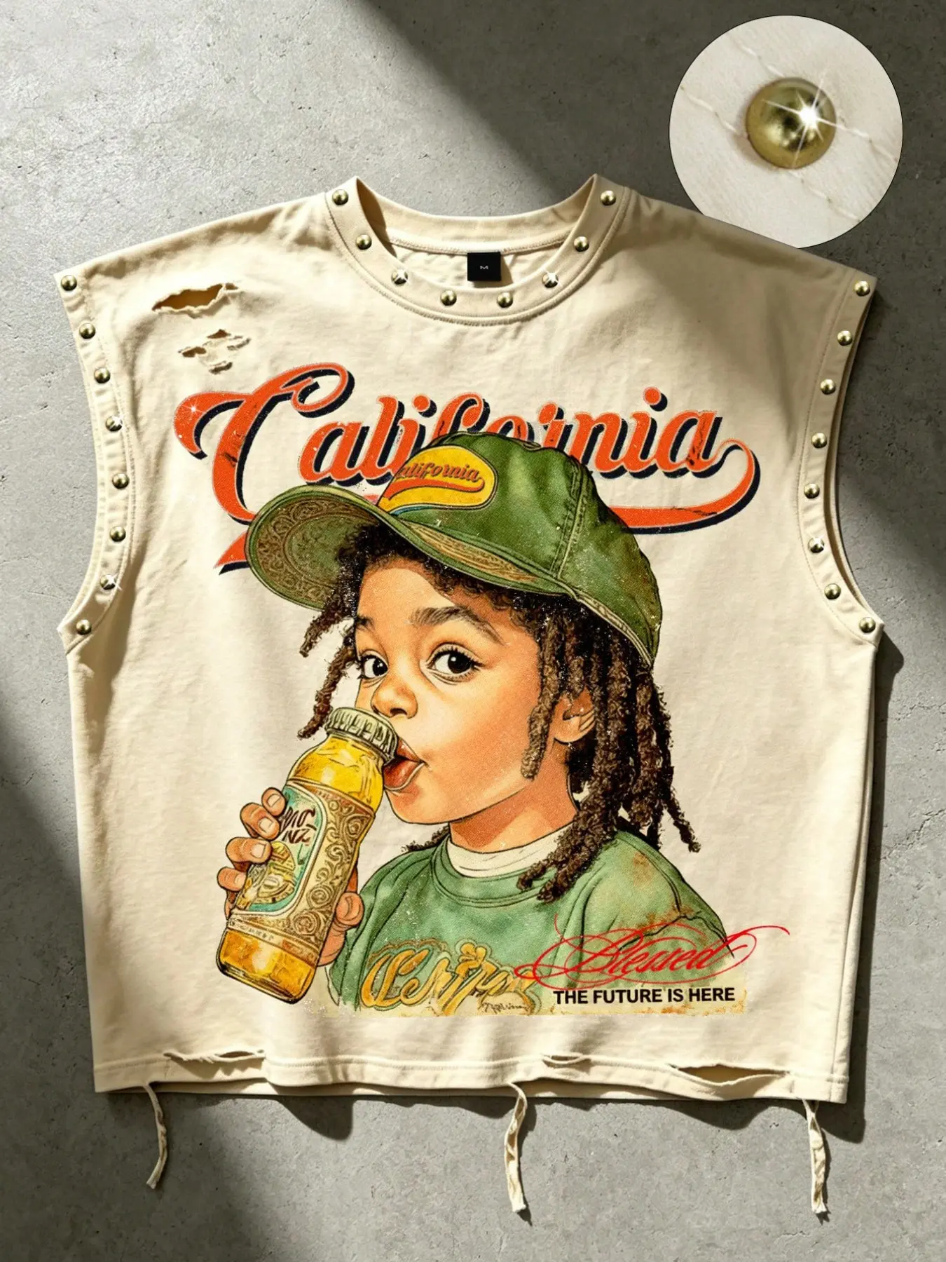 Unisex Y2K Vintage Letter & Cartoon Portrait Print Cotton Vest, Retro Style Short Top, Ripped Sleeveless Top with Stud Accents, Street Fashion Hip-Hop Vest
