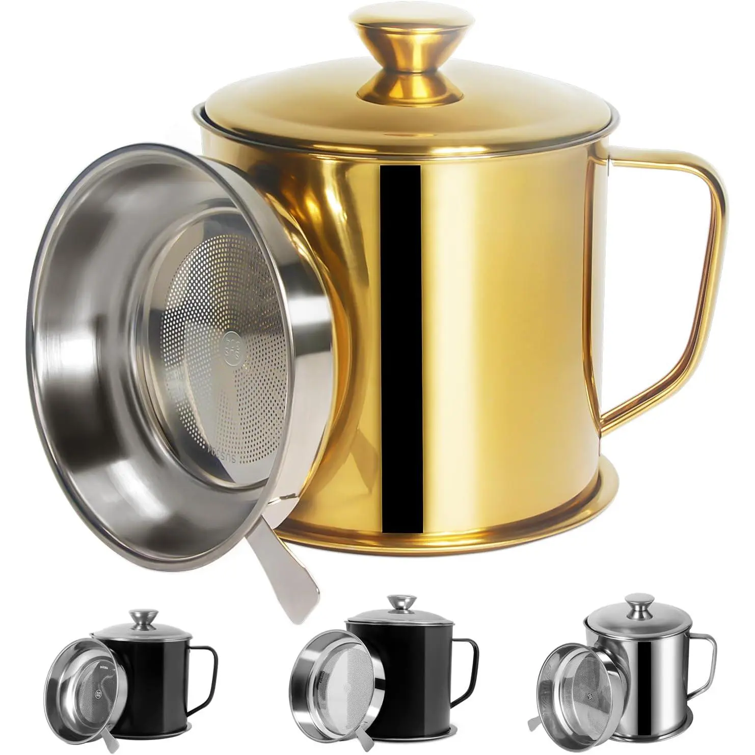 Bacon Grease Container with Strainer, 42oz (1.25L) Stainless Steel Kitchen Catcher with Lid, Easy-Grip Handle for Frying Oil Storage (Gold)
