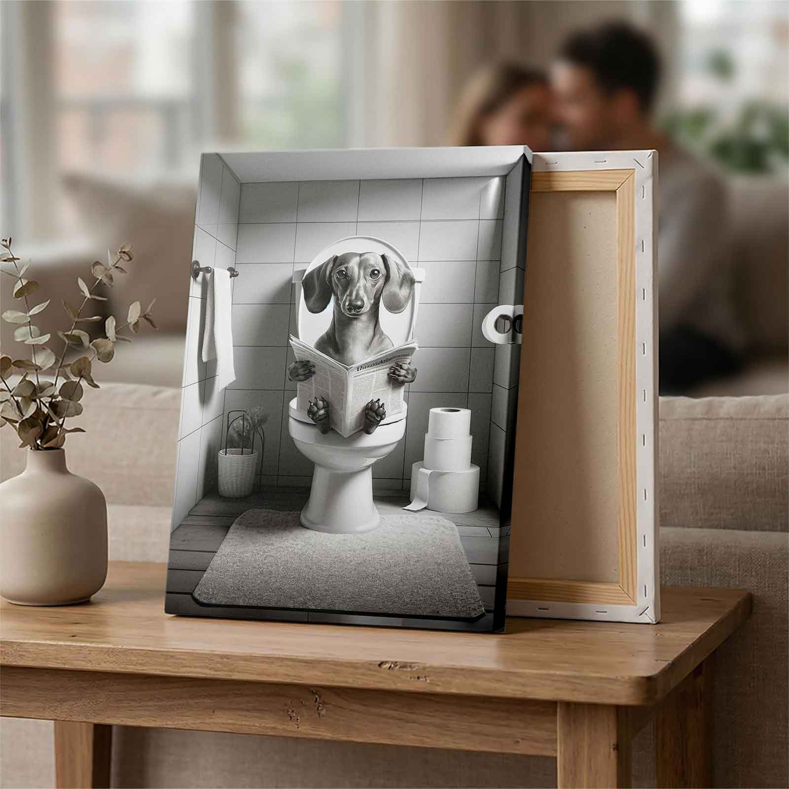 Black & White Dachshund on Toilet Reading Newspaper Canvas Wall Art, Funny Bathroom Decor, Humorous Dog Print, Unique Washroom Decoration, Gift for Dachshund Lovers