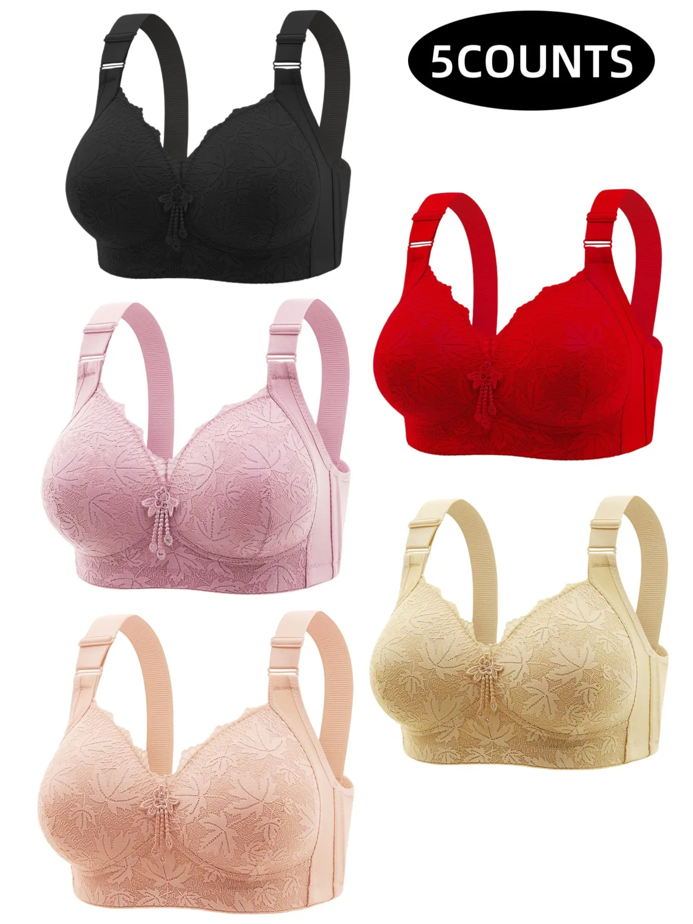 5-Piece Thin Women's Bra Set, Adjustable Straps, Lace Trim, Comfortable Breathable Wire-Free Bras, Full Coverage, All Seasons